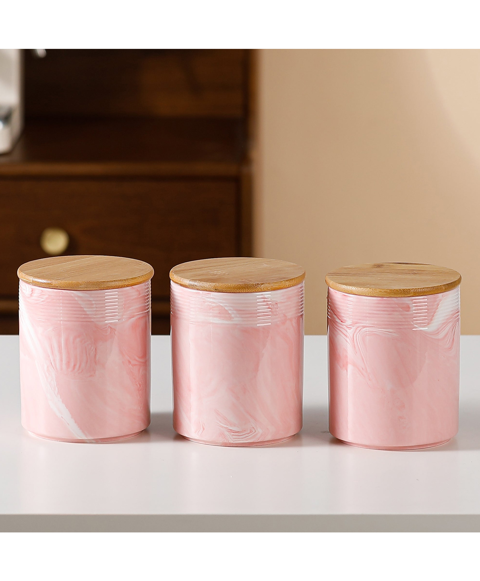 the better home Ceramic Jars with bamboo Lid|Set of 3 without tray|720ml Each | PLS707 | Multi-colour-picture-3