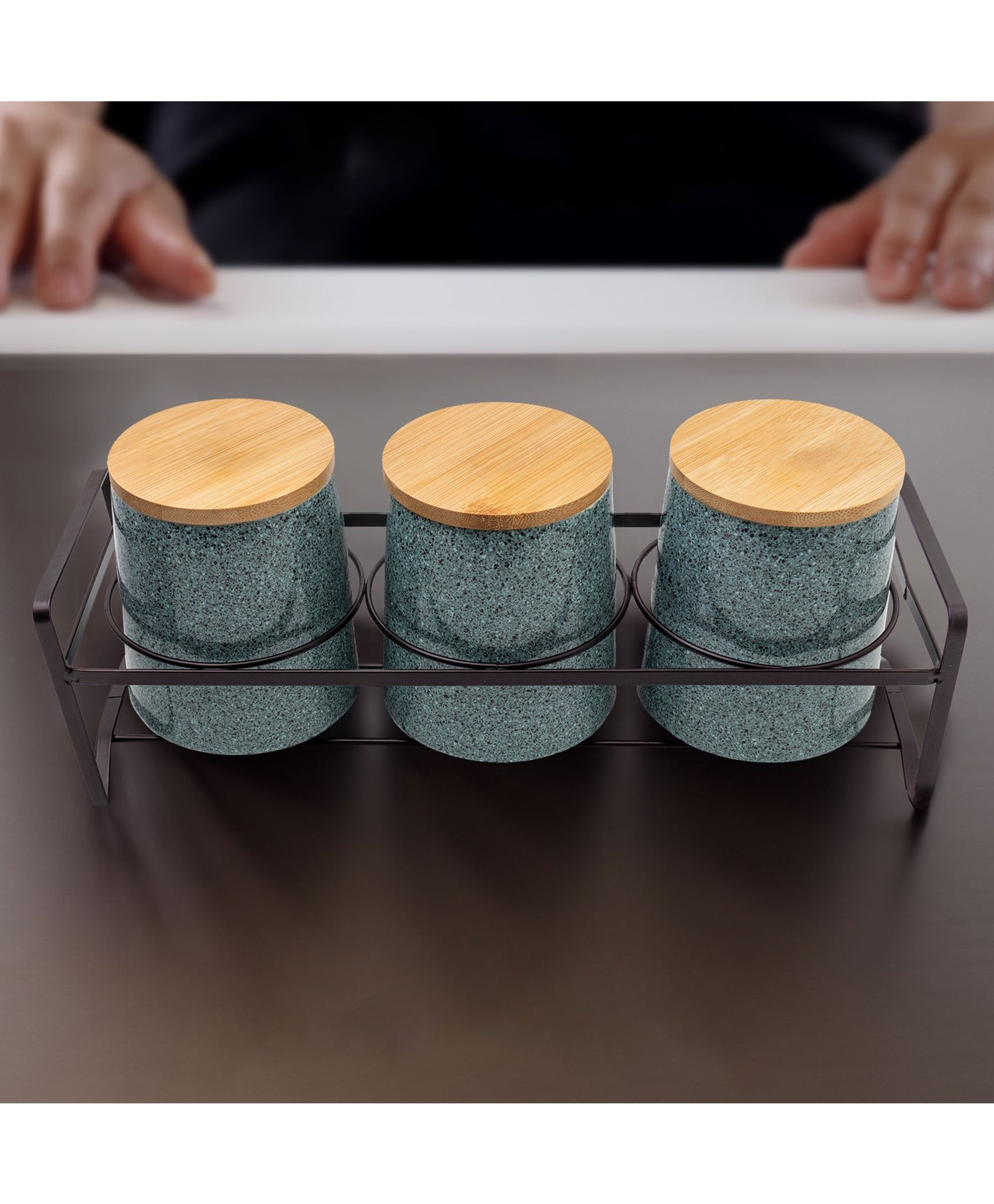 3 Pcs Ceramic Jar Set with Bamboo Lid Iron Holder|650ml Each | Grey | HHD5013S-GY-image-33