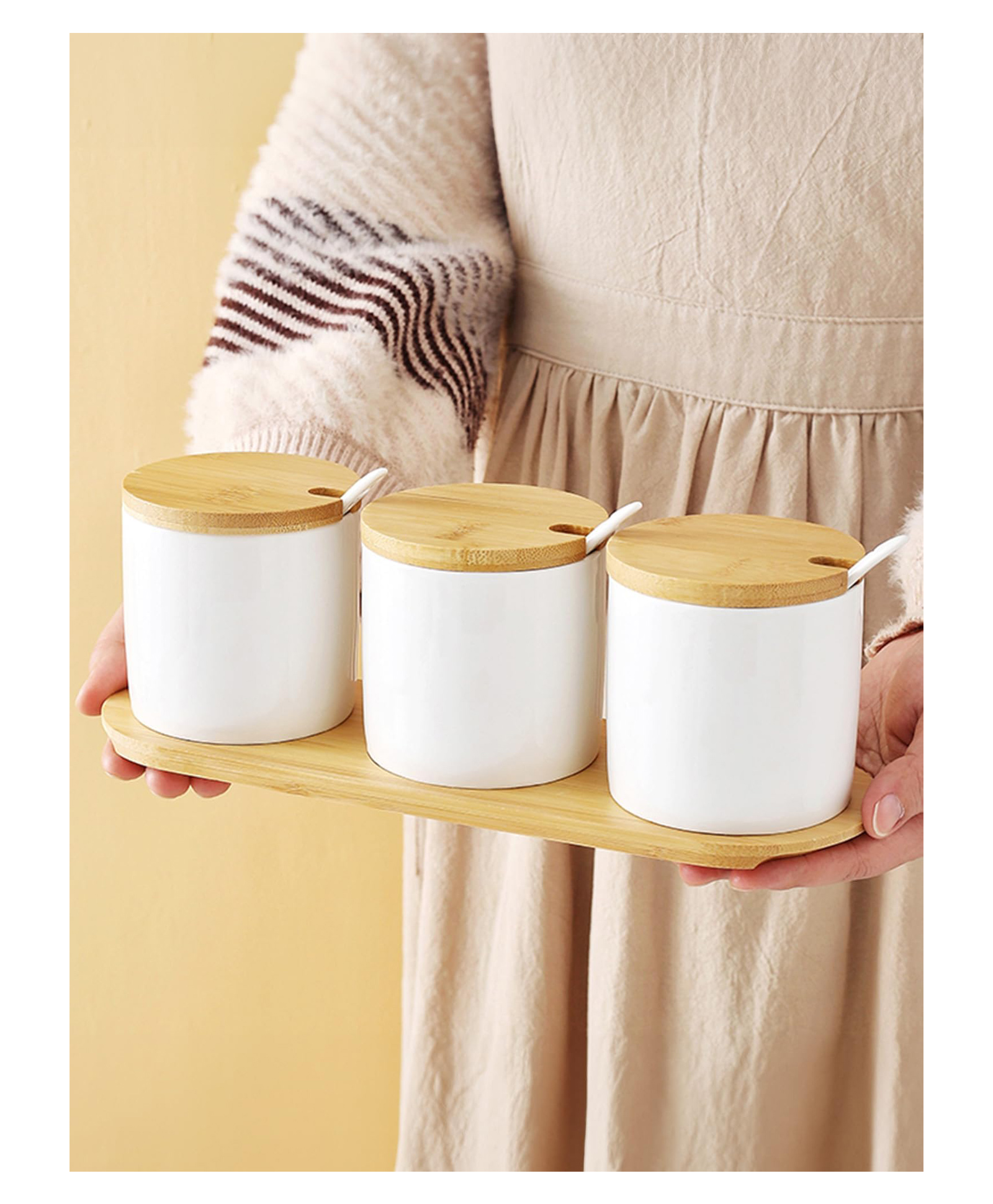 UMAI Ceramic Jars Set with Bamboo Lid, Spoon and Tray|Kitchen Organizer Items and Storage|Multipurpose Condiments Container for Pickle, Sauces, Masala|3 Pieces Kitchen Containers Set-250ml Each-image-4