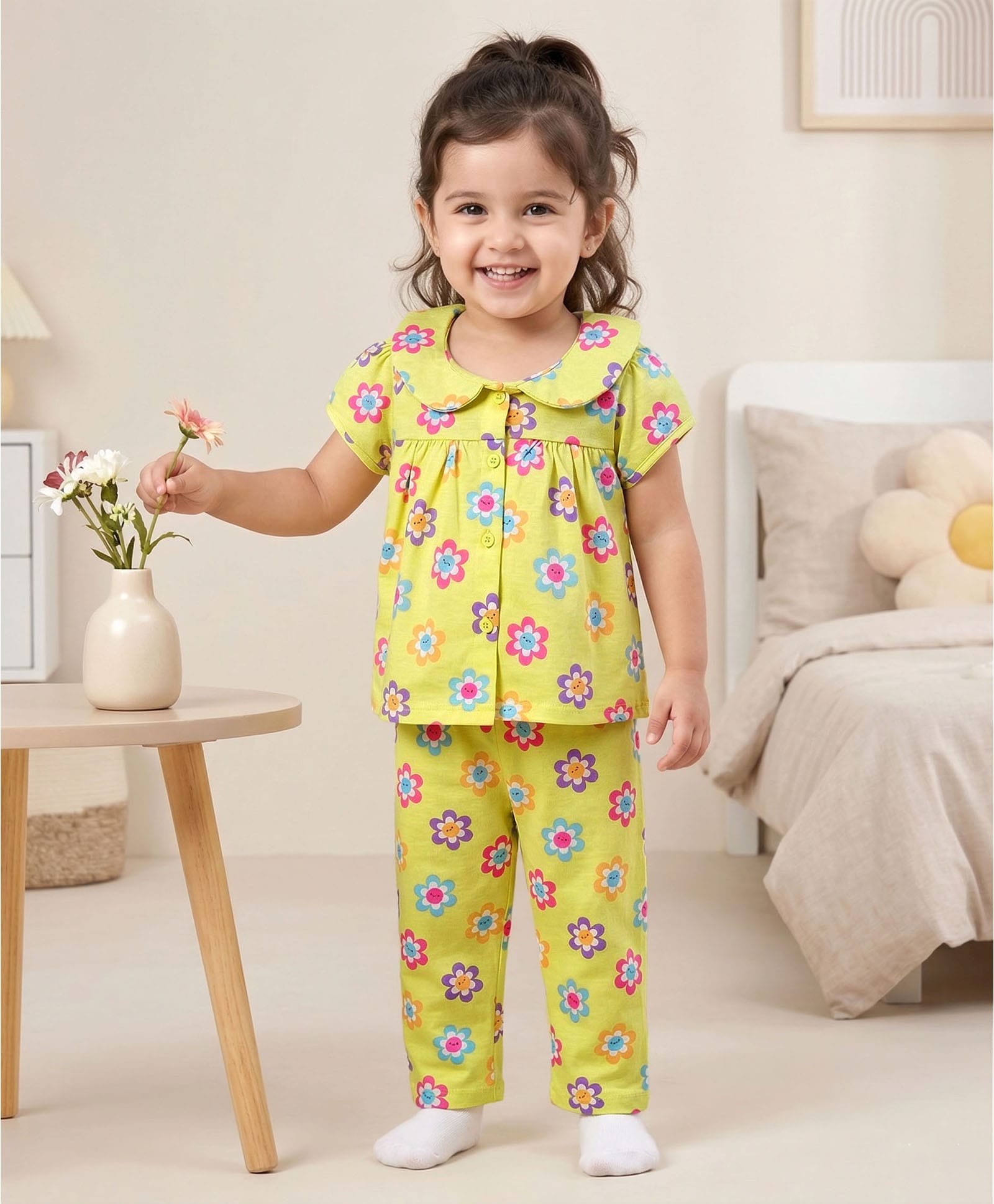 Babyhug Cotton Knit Half Sleeves Co-ords Front Open Top & Pajama Night Suit with Floral Print & Bow Applique - Yellow-image-35