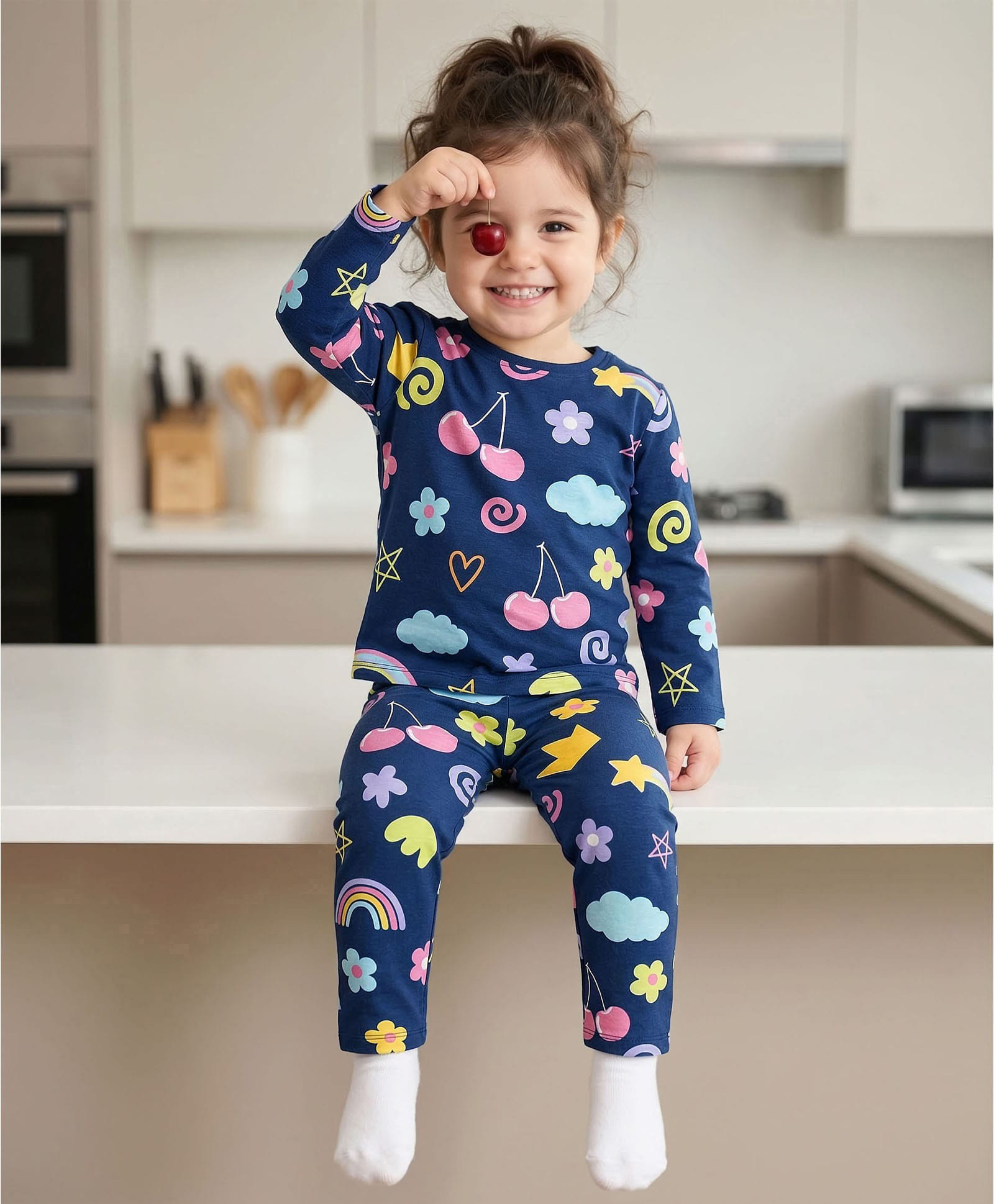 Babyhug Cotton Knit Full Sleeves Co-ords T-Shirt & Pajama Night Suit with Tropical Theme Print - Navy Blue-image-37
