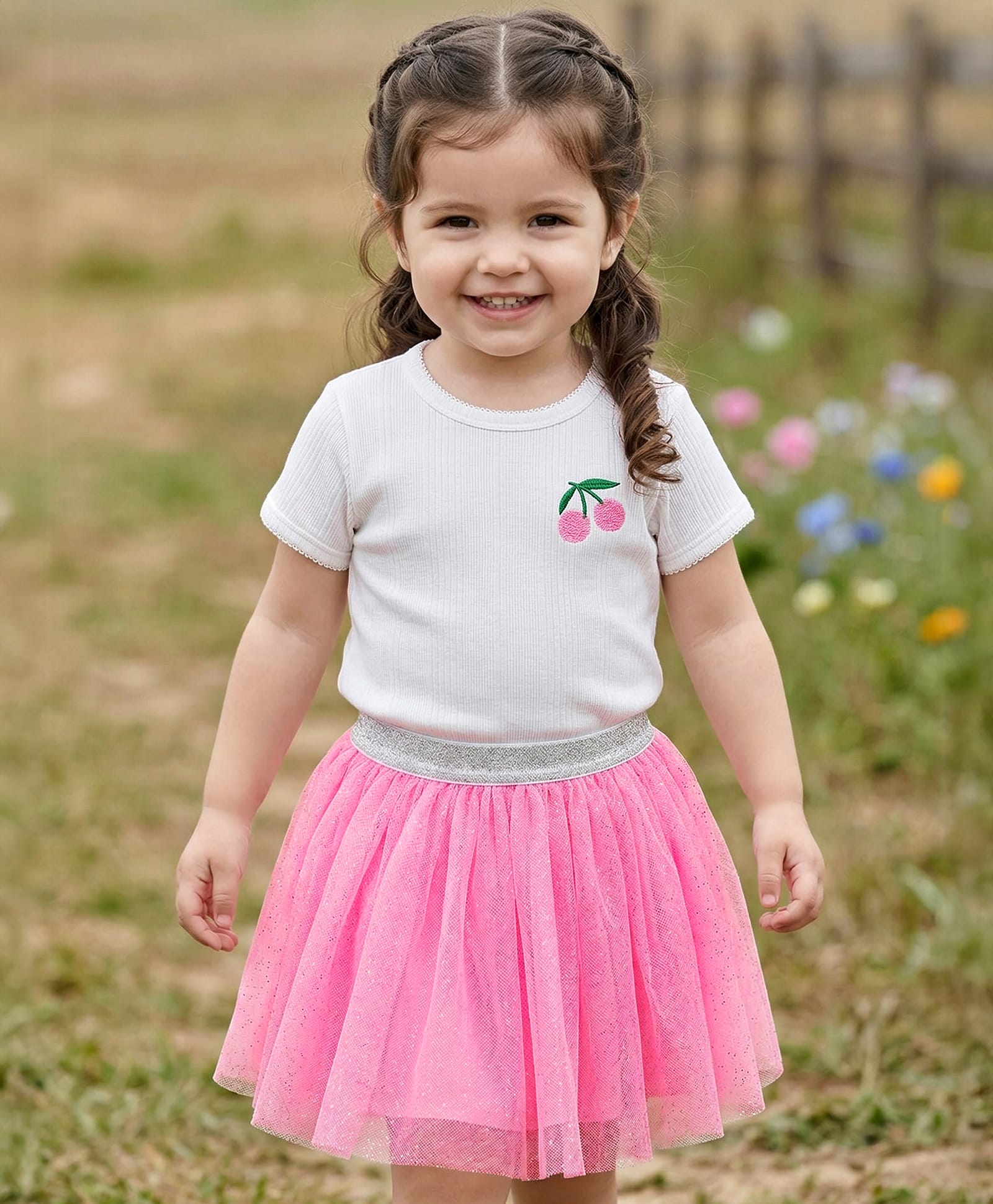 Babyhug Single Jersey Knit Half Sleeves Top & Skirt Set With Cherry Embroidery - White & Pink-image-32