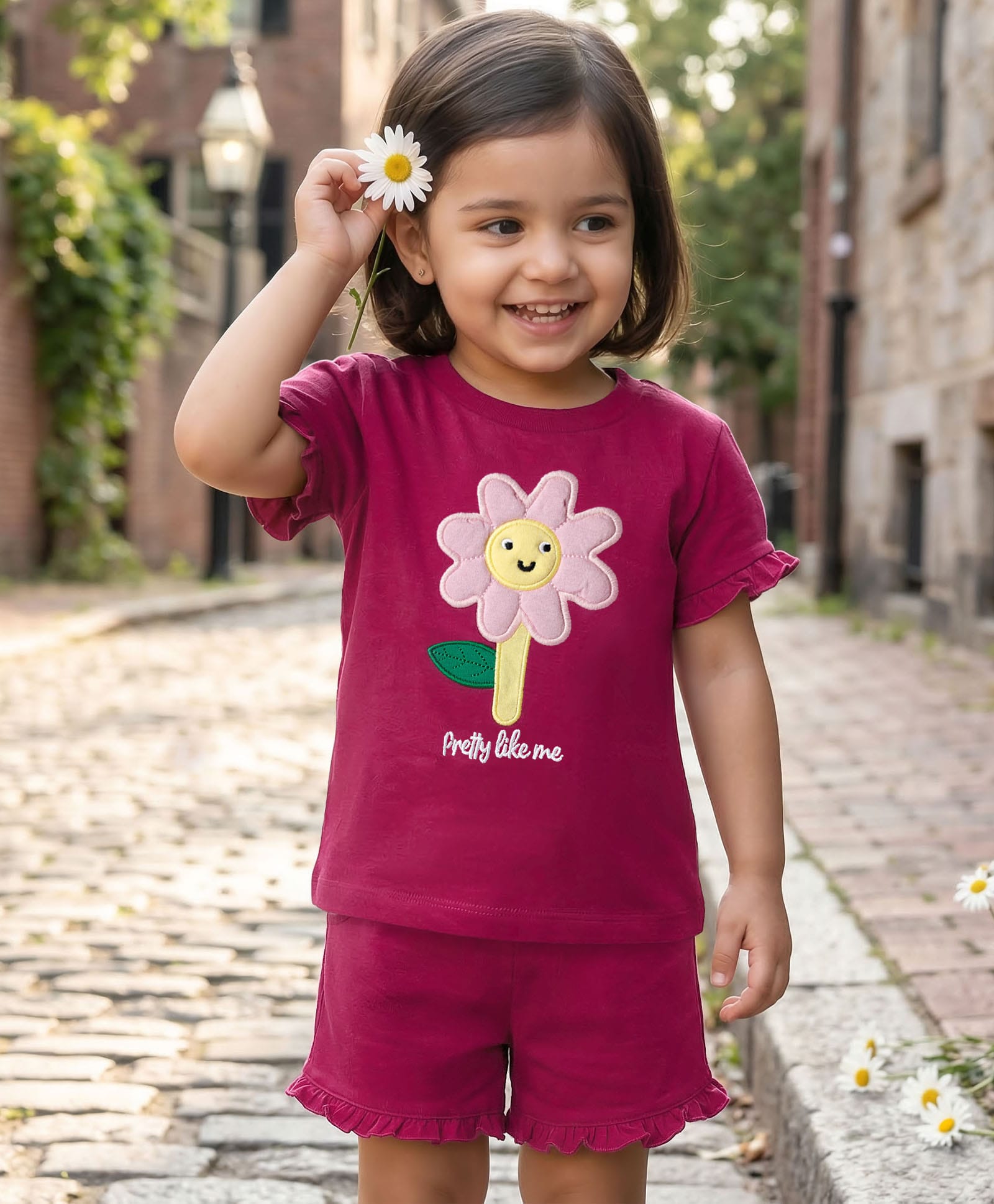 Babyhug Single Jersey Knit Half Sleeves Top & Shorts Set With Floral Embroidery - Purple-picture-13
