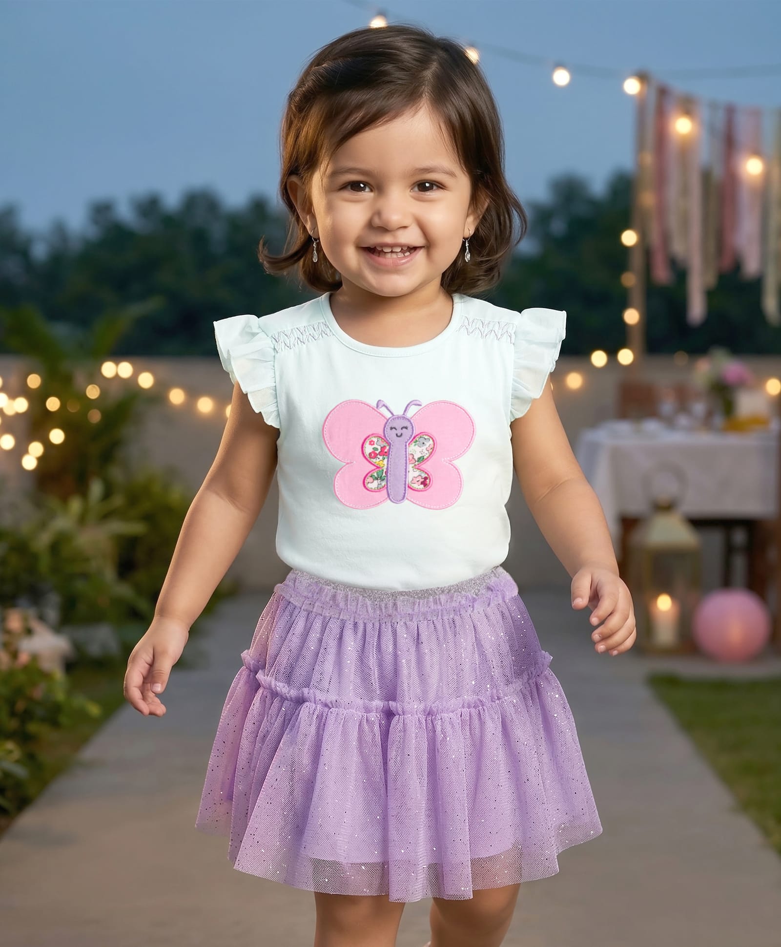 Babyhug Single Jersey Knit Frill Sleeves Top & Skirts Set with Butterfly Patch Detailing - Purple-image-46