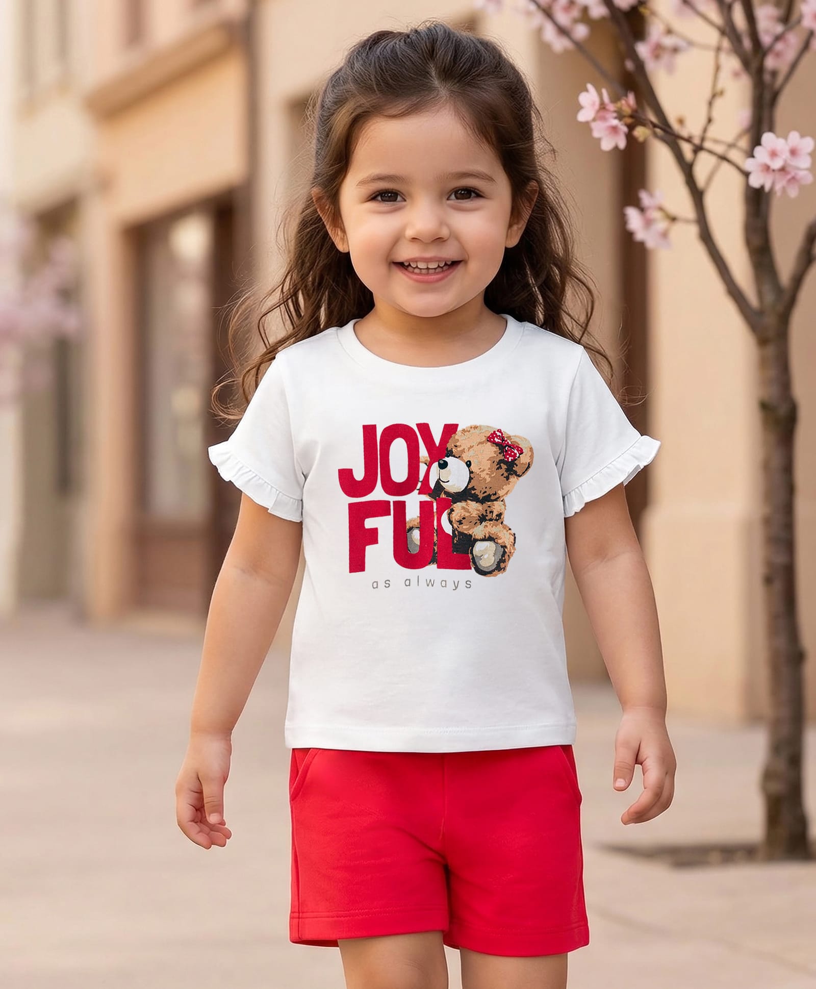 Babyhug Single Jersey Knit Half Sleeves Top & Shorts Set With Teddy Bear Print - White & Red-image-26