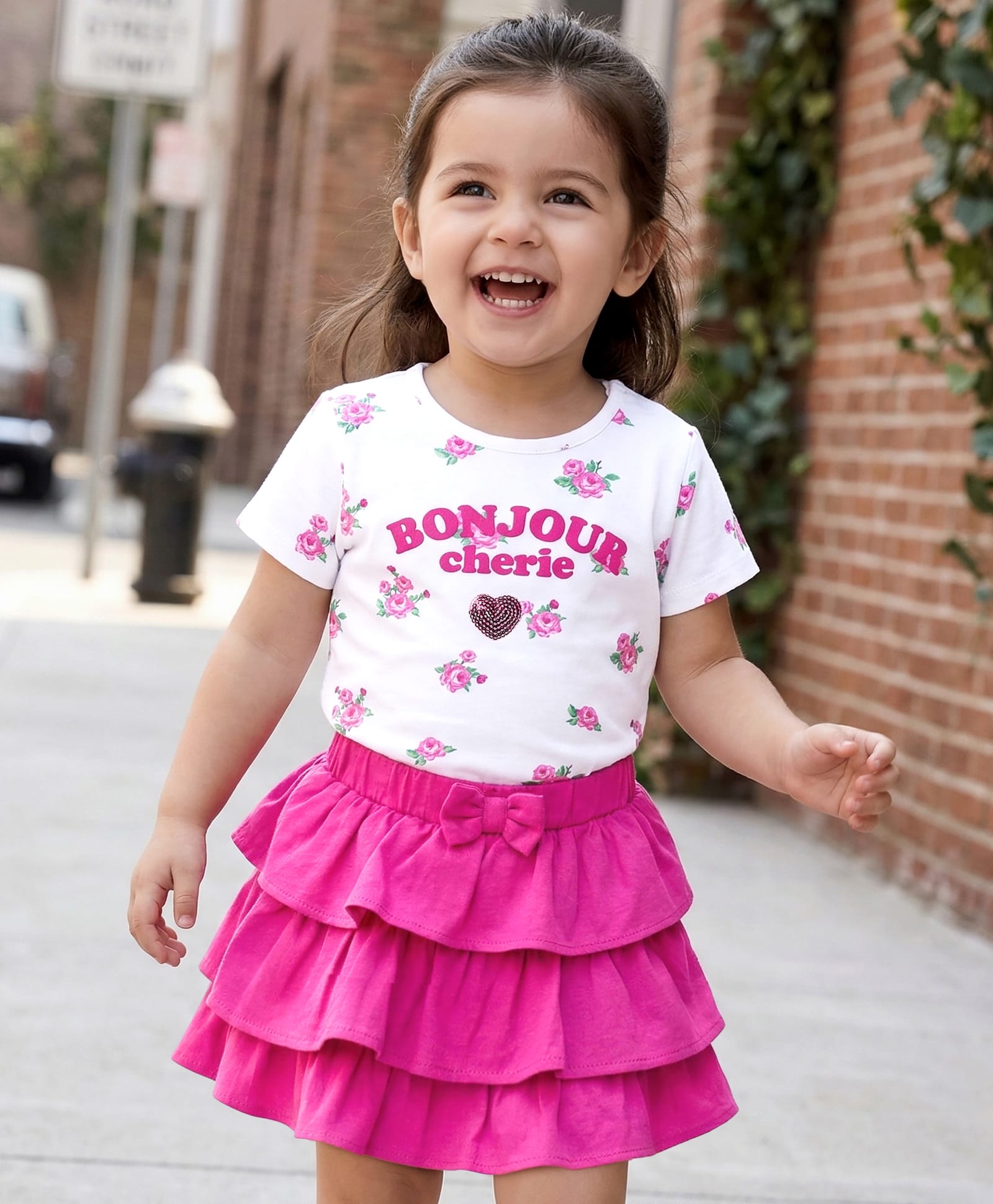 Babyhug Single Jersey Knit Half Sleeves Floral Printed Top & Layered Skirt Set - Pink & White-picture-24