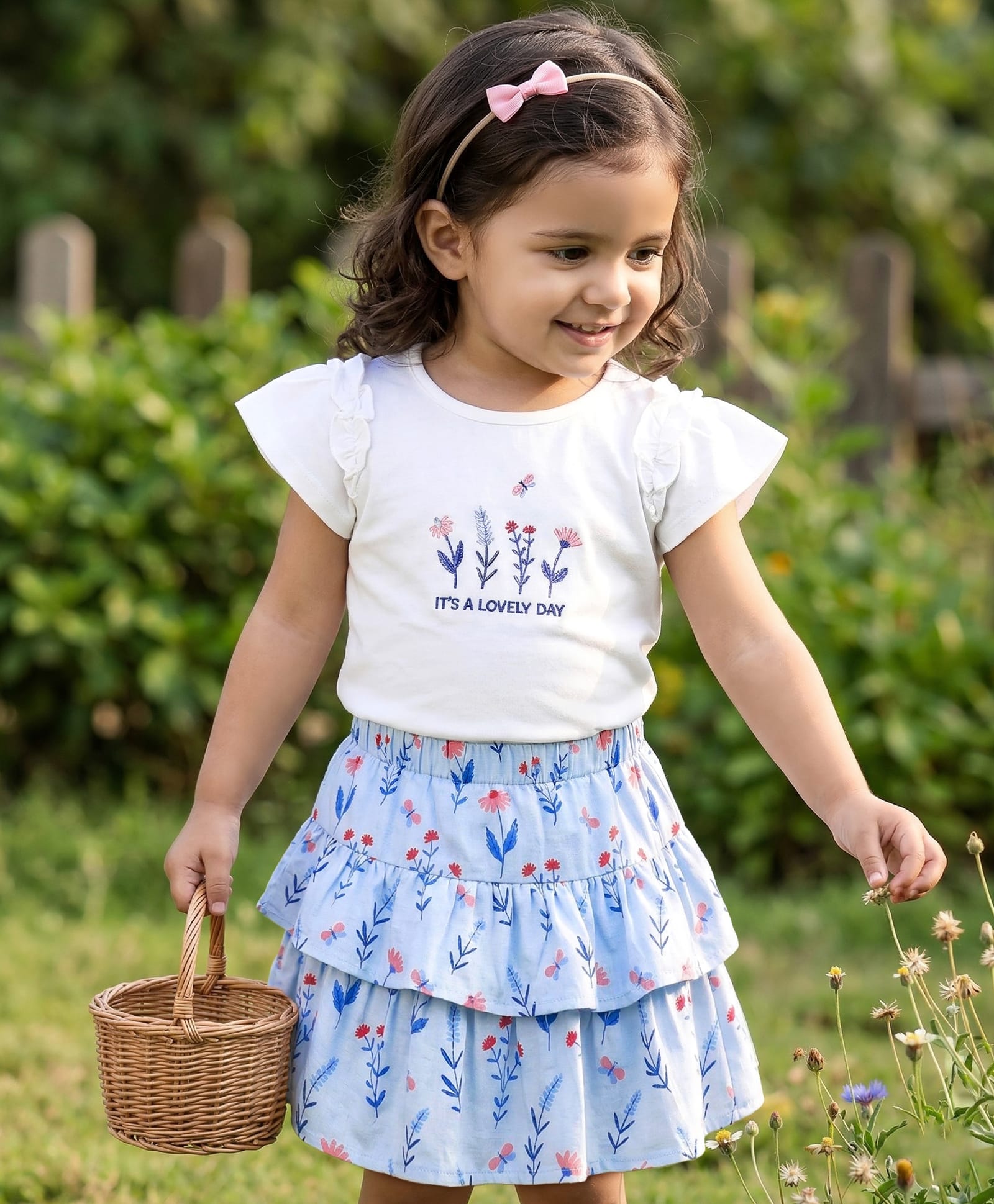 Babyhug Single Jersey Knit Half Sleeves Floral Embroidered Top & Layered Printed Skirt Set- White & Blue-picture-12