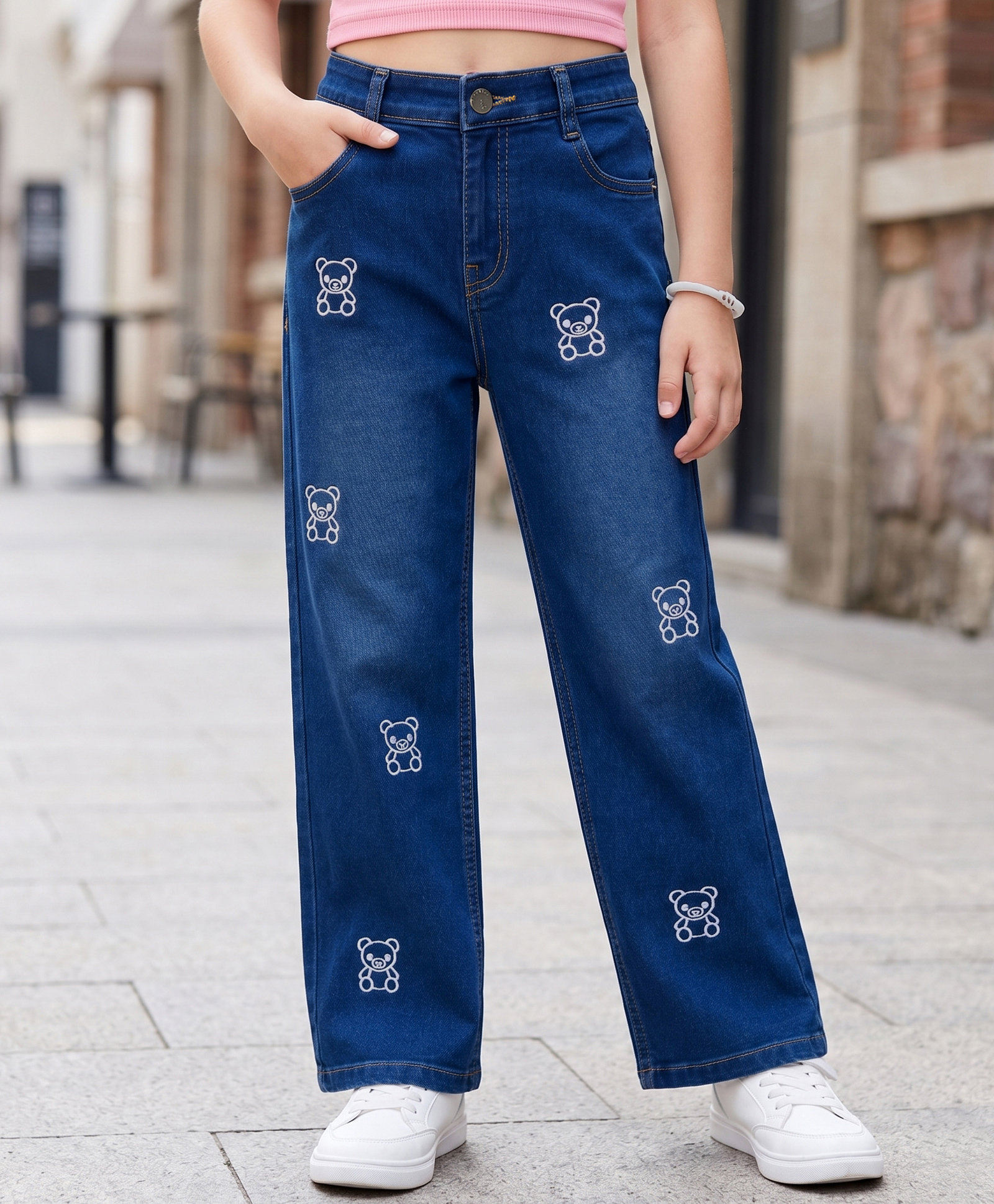 Pine Kids Woven Full Length Washed Bear Embroidered Jeans - Navy Blue-picture-34