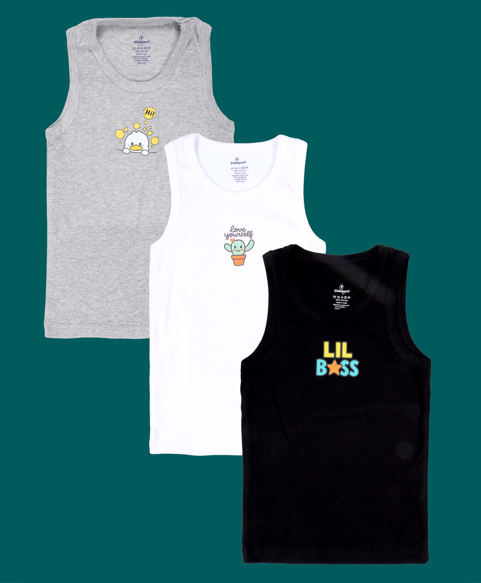 Kiddopanti Cotton Knit Pack Of 3 Sleeveless Love Yourself & Lil Boss Text Printed Vests - White Black & Grey Melange-picture-21