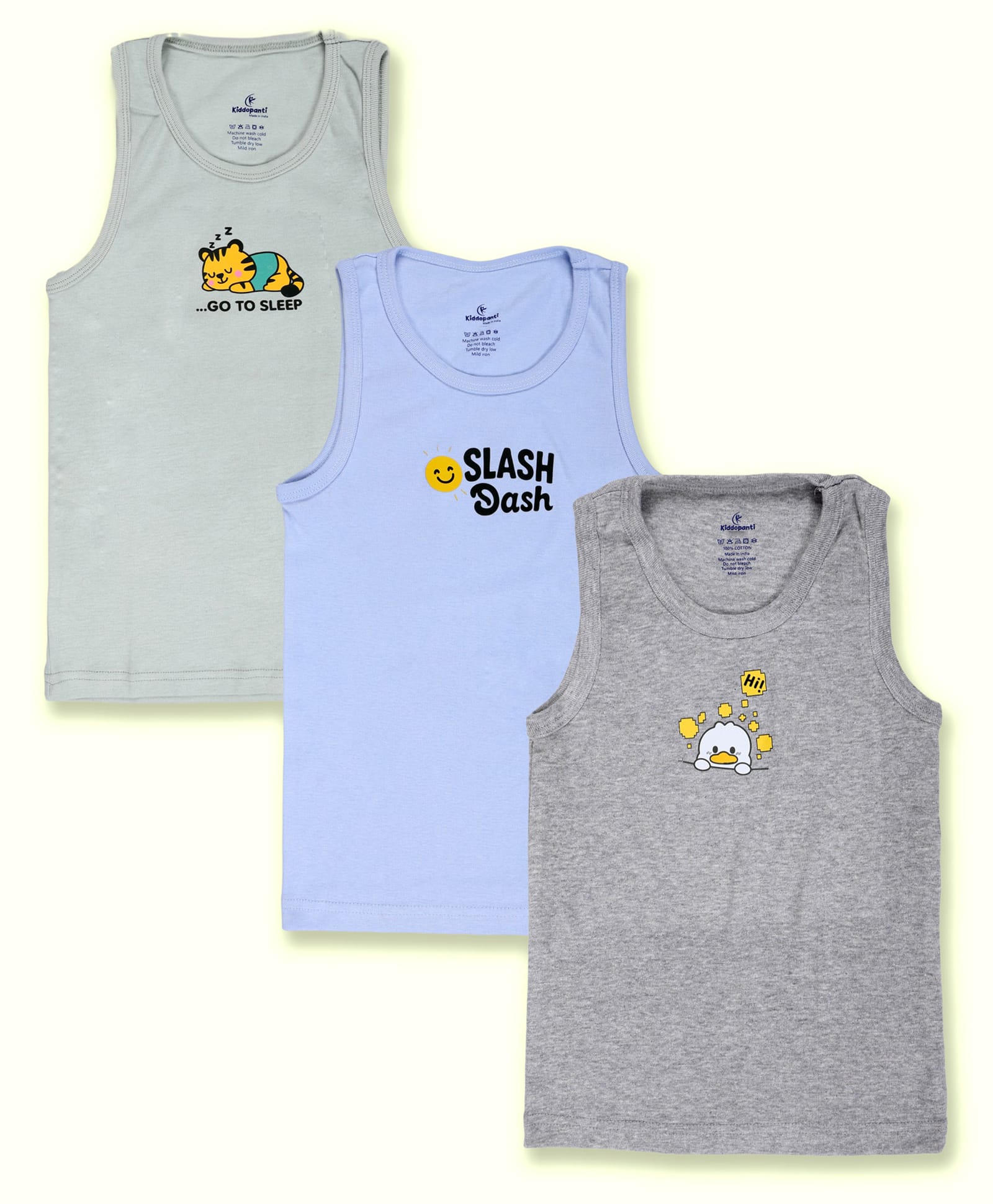 Kiddopanti Cotton Knit Pack Of 3 Sleeveless Go To Sleep & Slash Dash Text Printed Vests - Pista Green Grey Melange & Ice Blue-image-29