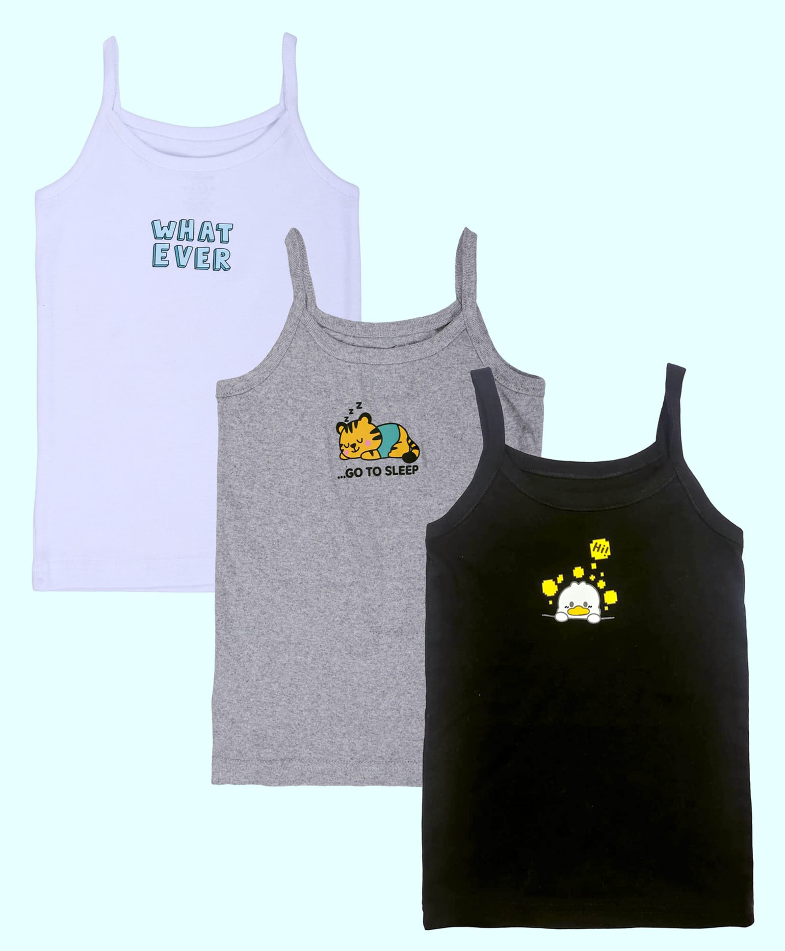 Kiddopanti Cotton Knit Pack Of 3 Sleeveless Go To Sleep & Whatever Text Printed Slips - White Black & Grey Melange-picture-18