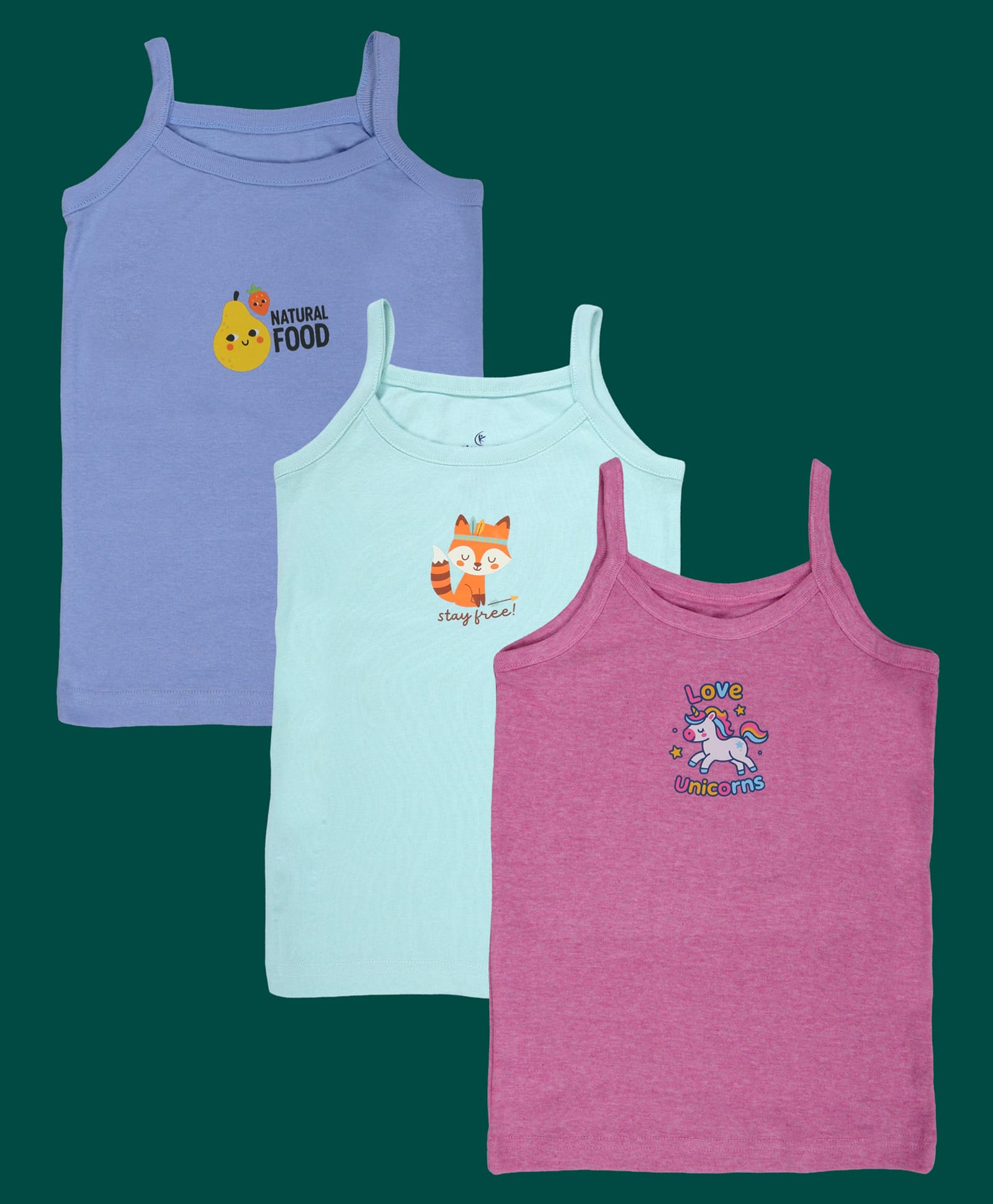 Kiddopanti Cotton Knit Pack Of 3 Sleeveless Love Unicorns & Stay Free Text Printed Slips - Pink Melange Aqua Green & Ink Blue-image-47