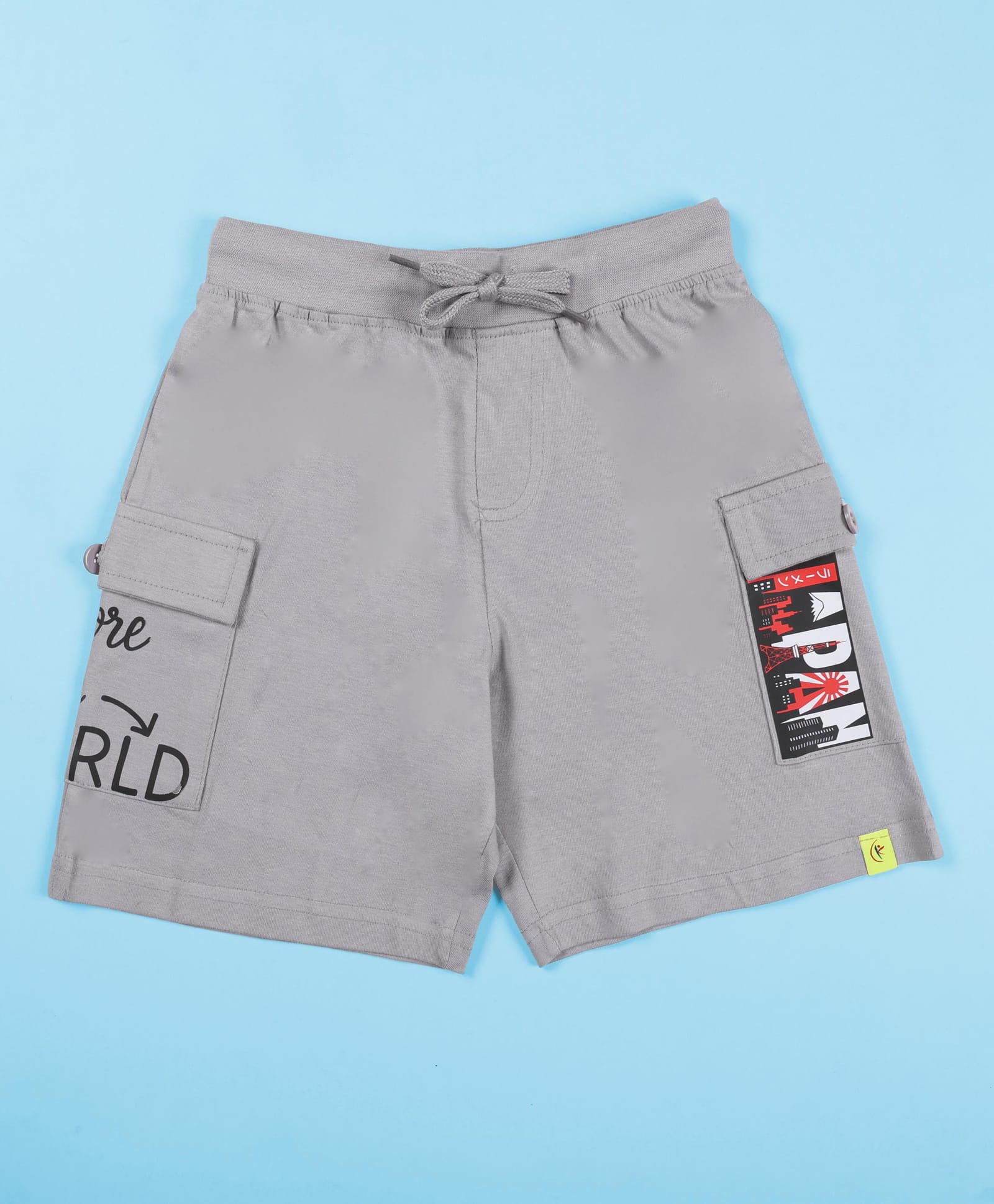 Kiddopanti Cotton Knit Explore The World Text Printed Cargo Shorts - Steel Grey-image-13