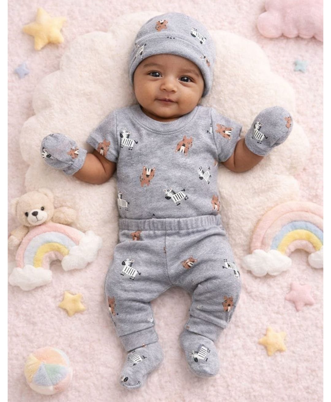 URBANRAC 100% Cotton Knit Half Seeves Animals Printed Onesies & Pant With Essentials Set - Grey-image-13