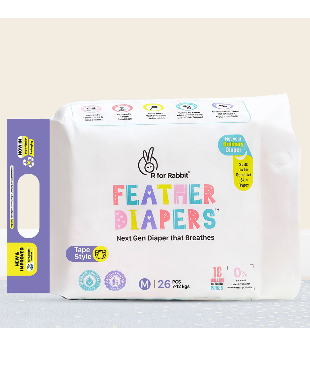 R For Rabbit Feather Tape Style Diaper with Fast Absorption Technology Size Medium - Pack of 26