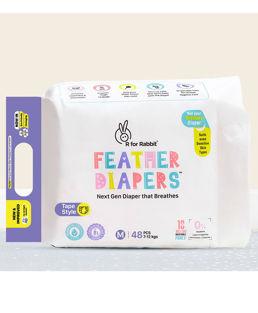 R For Rabbit Feather Tape Style Diaper with Fast Absorption Technology Size Medium - Pack of 48