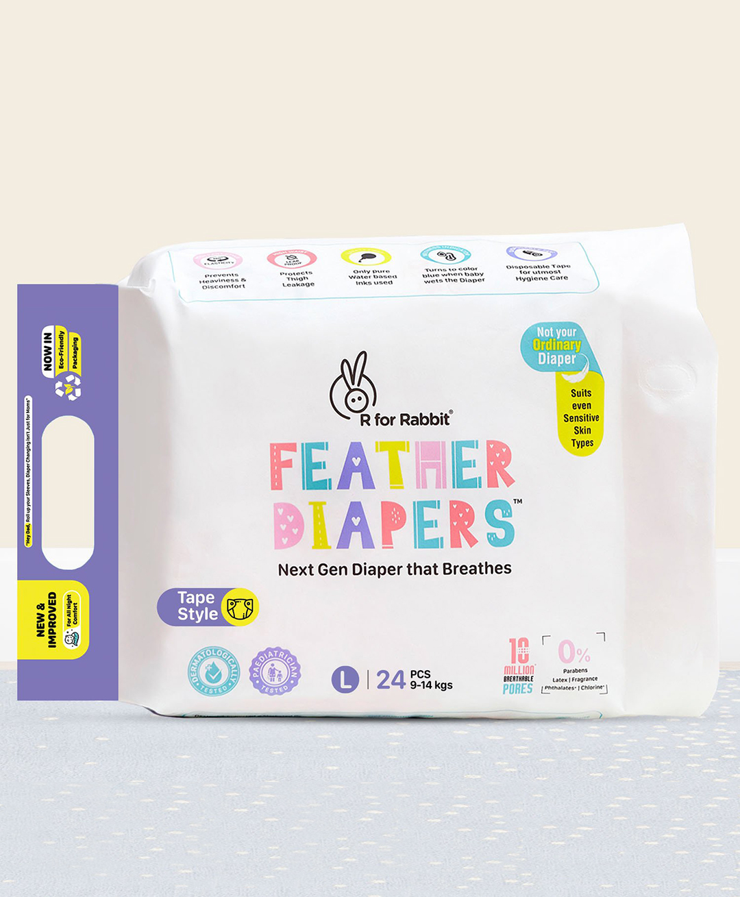 R For Rabbit Feather Tape Style Diaper with Fast Absorption Technology Size Large - Pack of 24