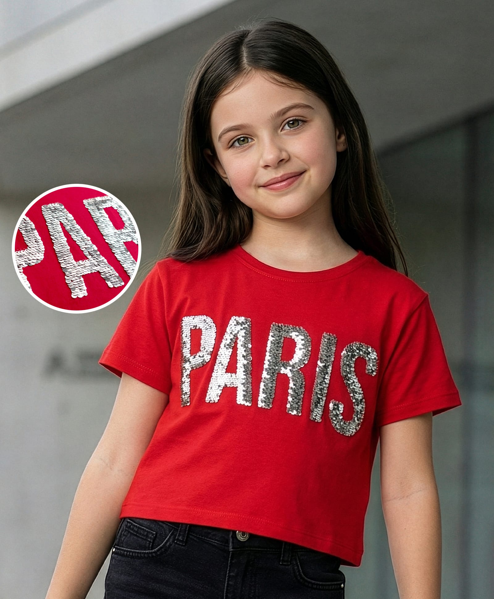 Pine Kids Cotton Knit Half Sleeves T-Shirt with Sequin Detailing - Red