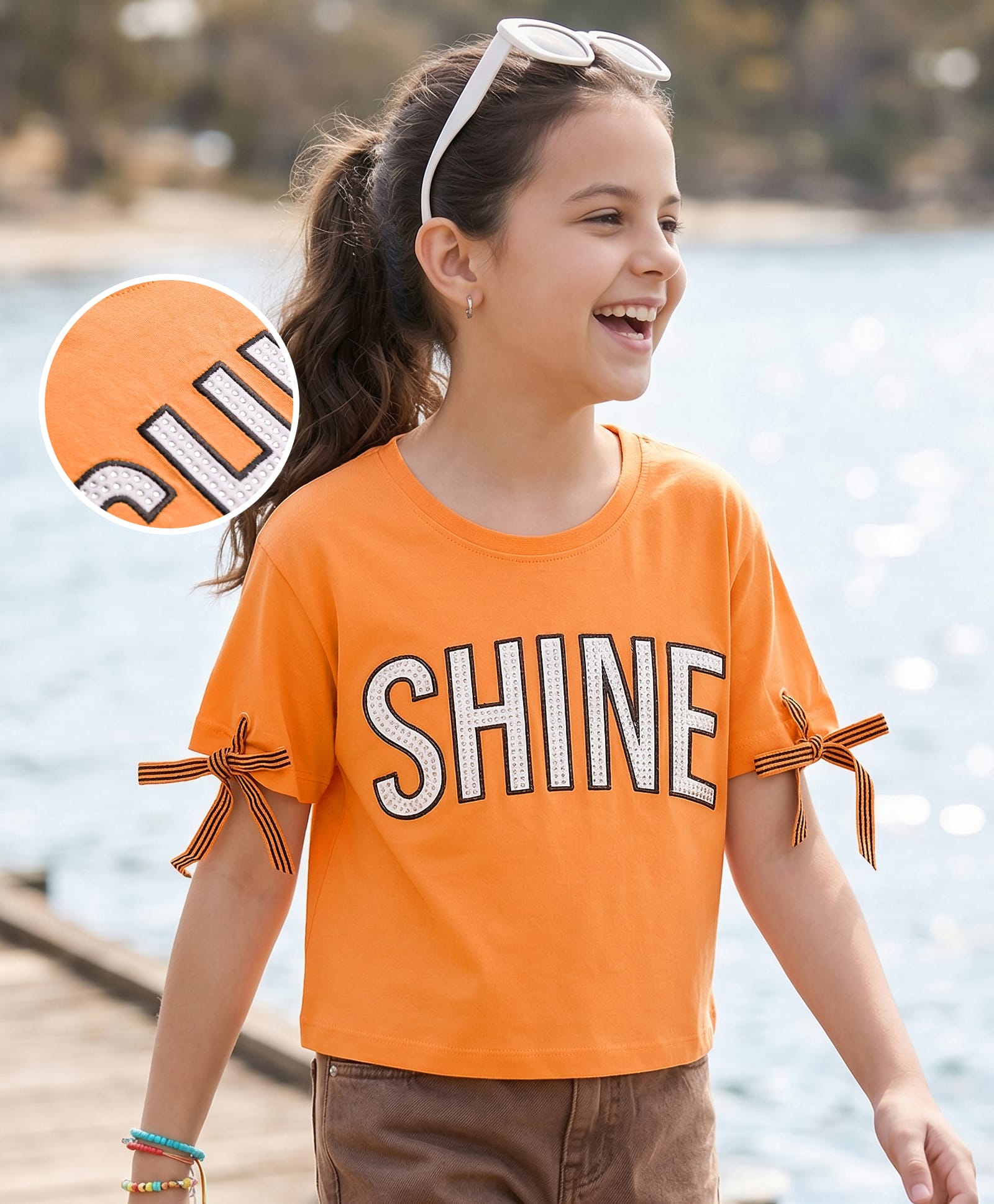 Pine Kids Cotton Knit Half Sleeves T-Shirt With Rhinestone & Embroidery Detailing - Orange-picture-10