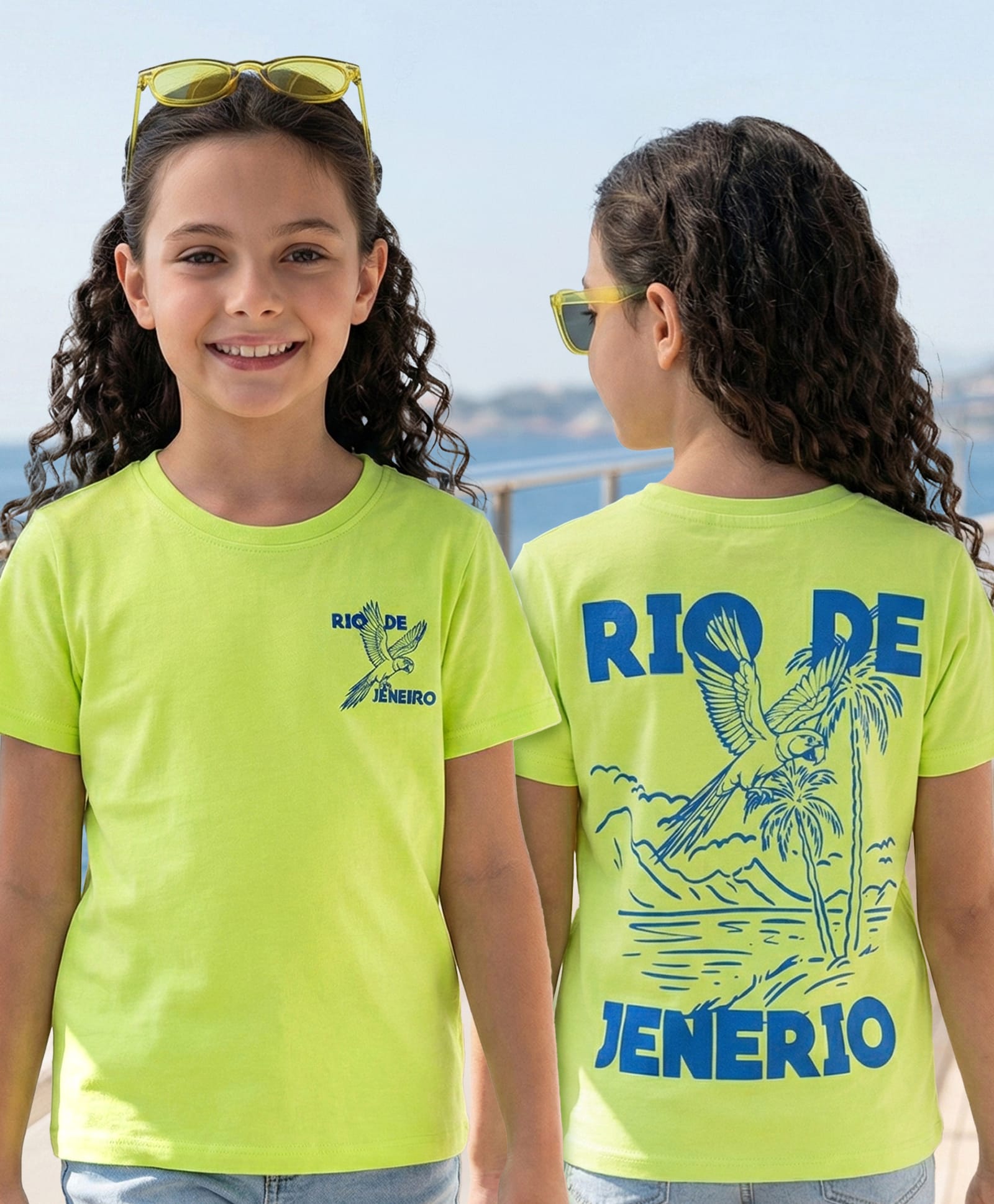 Pine Kids Cotton Knit Half Sleeves T-Shirt With Front & Back Rio Print - Lime Green-picture-14