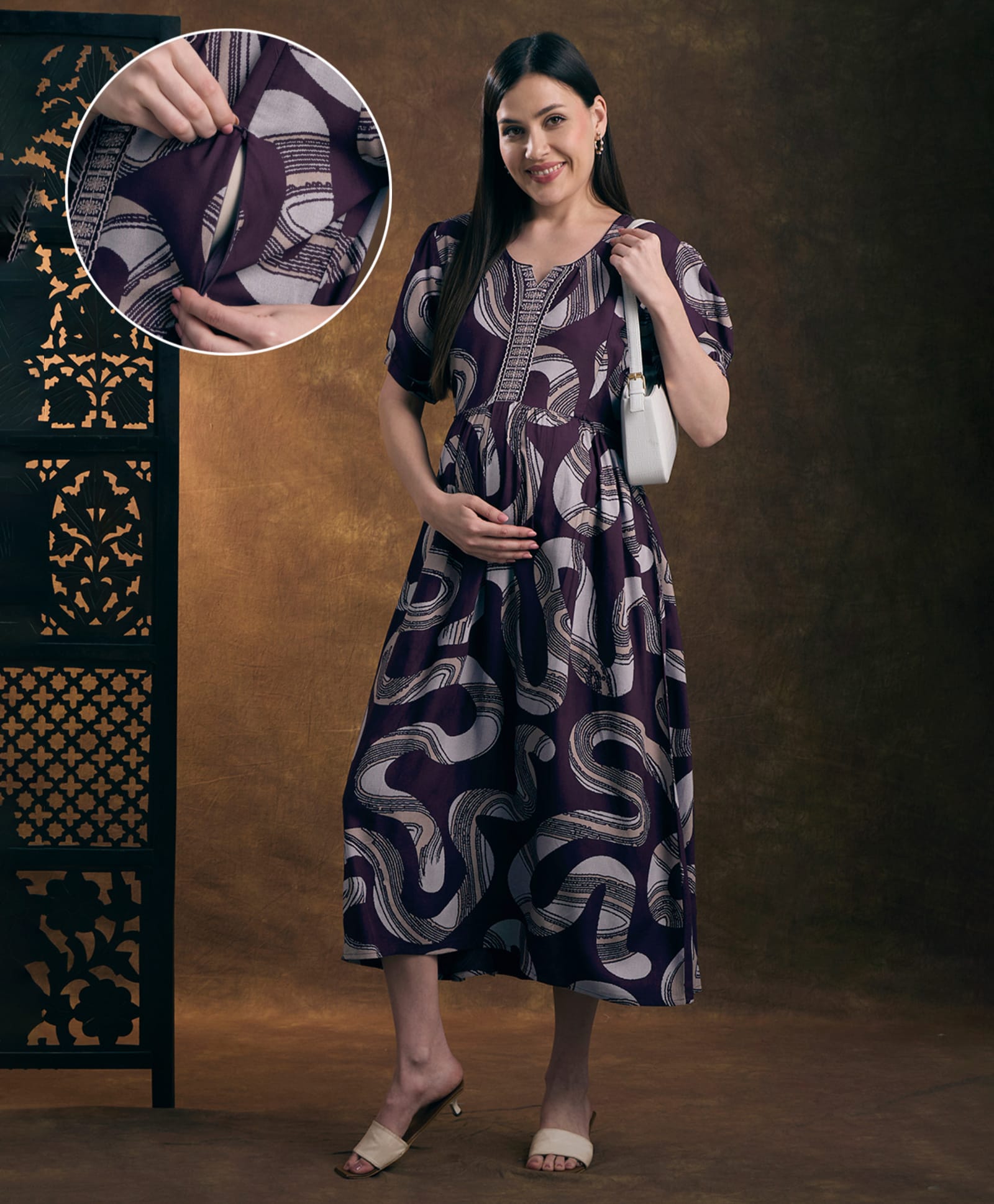 NIGHTSPREE Viscose Rayon Woven Half Sleeves Abstract Printed Maternity Dress With Side Zipper Nursing Access - Purple-picture-1