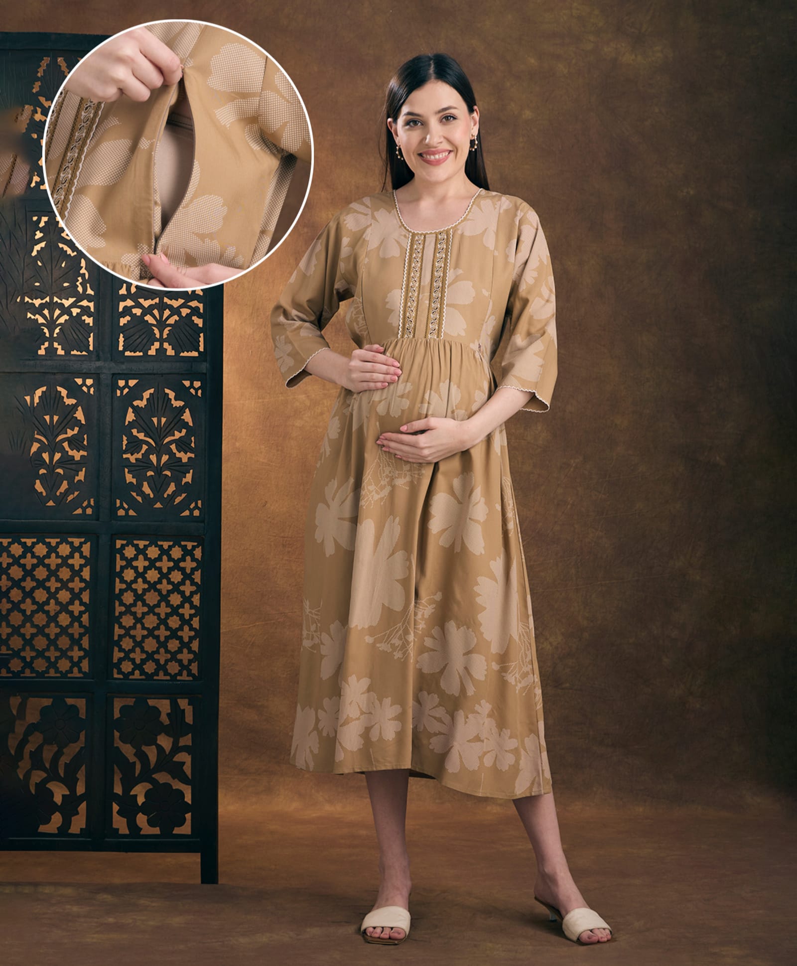 NIGHTSPREE Viscose Rayon Woven Three Fourth Sleeves Floral Printed Maternity Dress With Side Zipper Nursing Access - Mustard-image-7