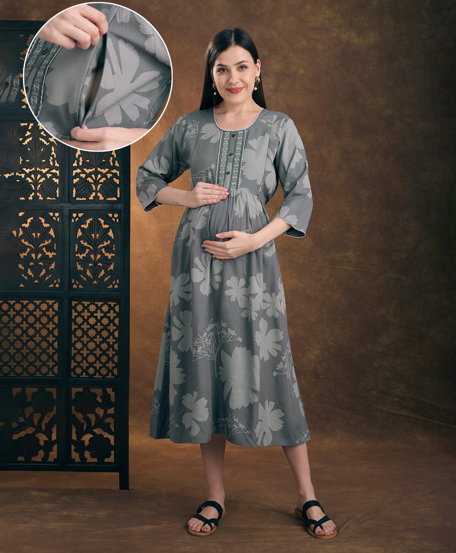 NIGHTSPREE Viscose Rayon Woven Three Fourth Sleeves Floral Printed Maternity Dress With Side Zipper Nursing Access - Grey-image-45