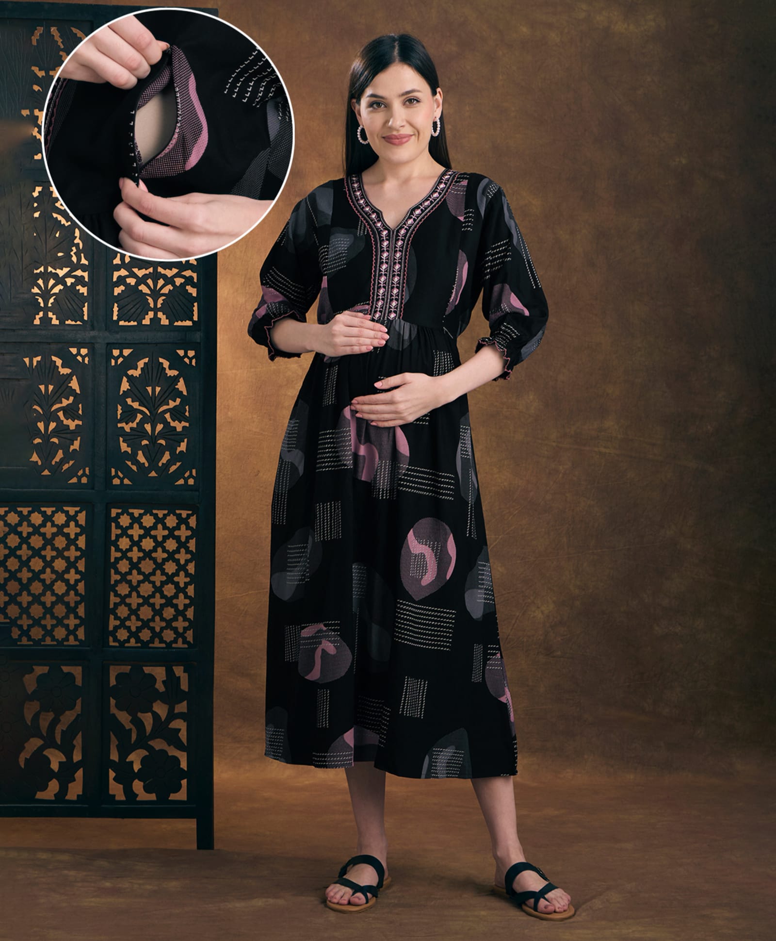 NIGHTSPREE Viscose Rayon Woven Three Fourth Sleeves Geometric Printed Maternity Dress With Side Zipper Nursing Access - Black-picture-37