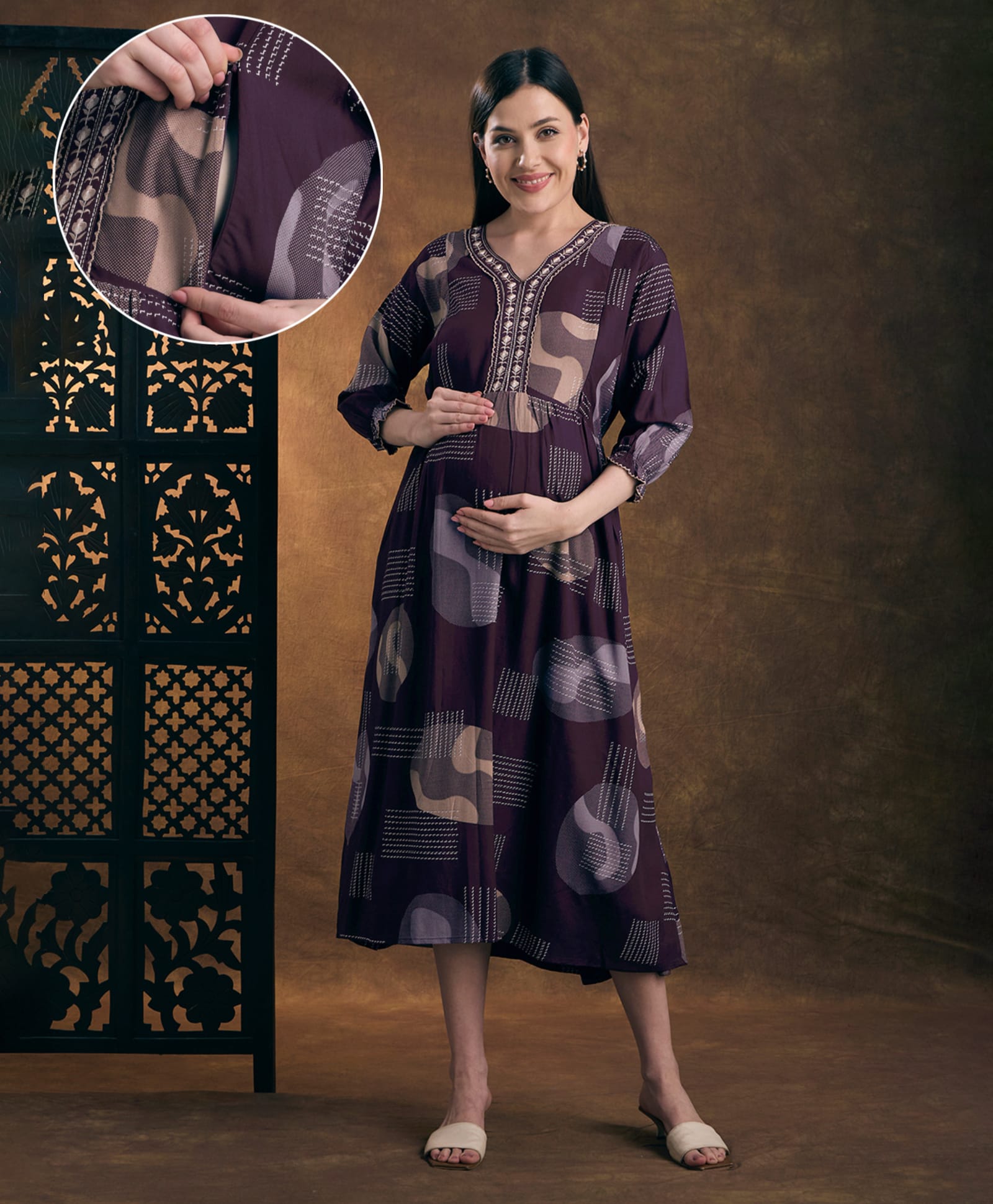NIGHTSPREE Viscose Rayon Woven Three Fourth Sleeves Geometric Printed Maternity Dress With Side Zipper Nursing Access - Purple-image-13