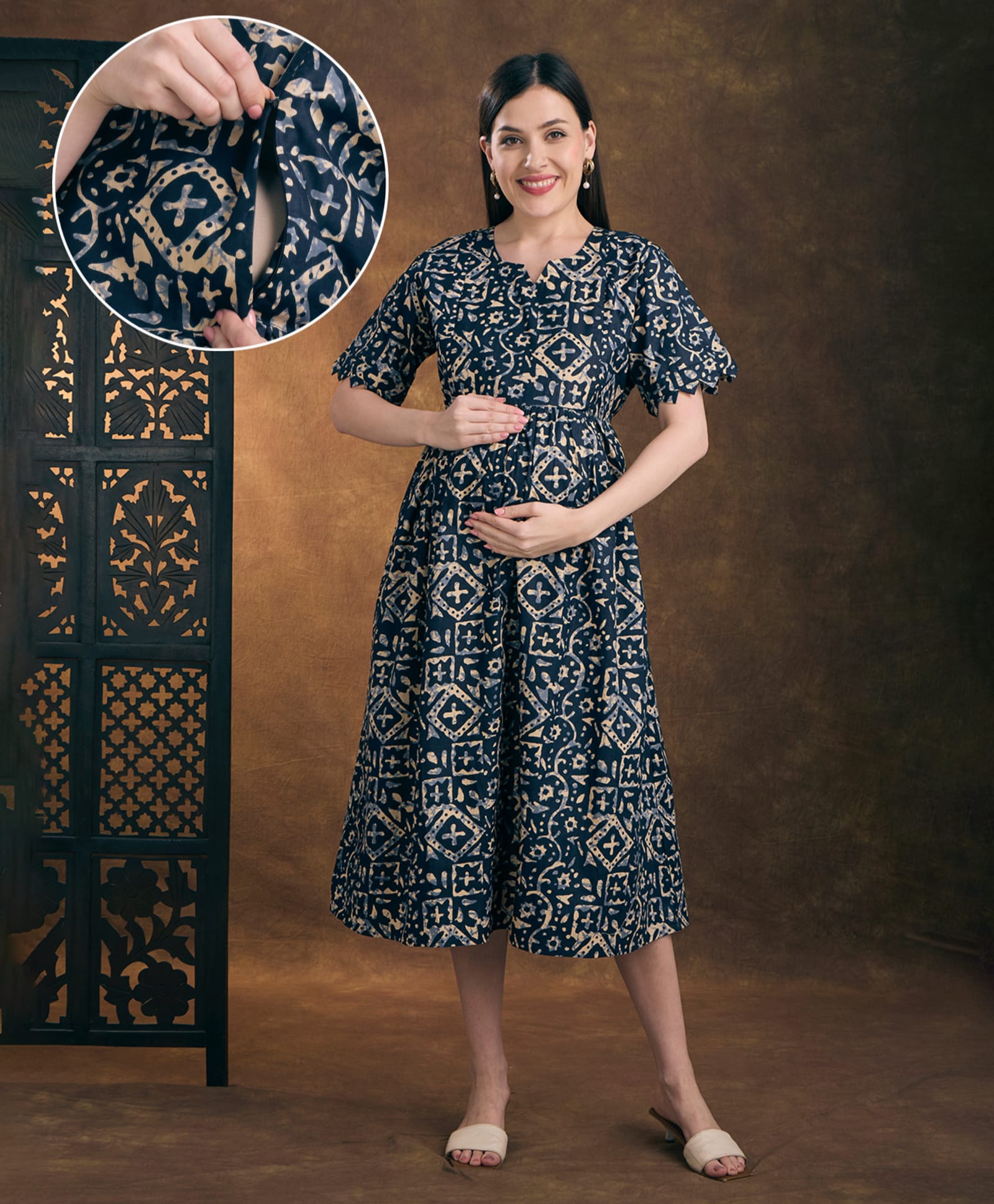 NIGHTSPREE Viscose Rayon Woven Half Sleeves Abstract Printed Maternity Dress With Side Zipper Nursing Access - Navy Blue-image-31