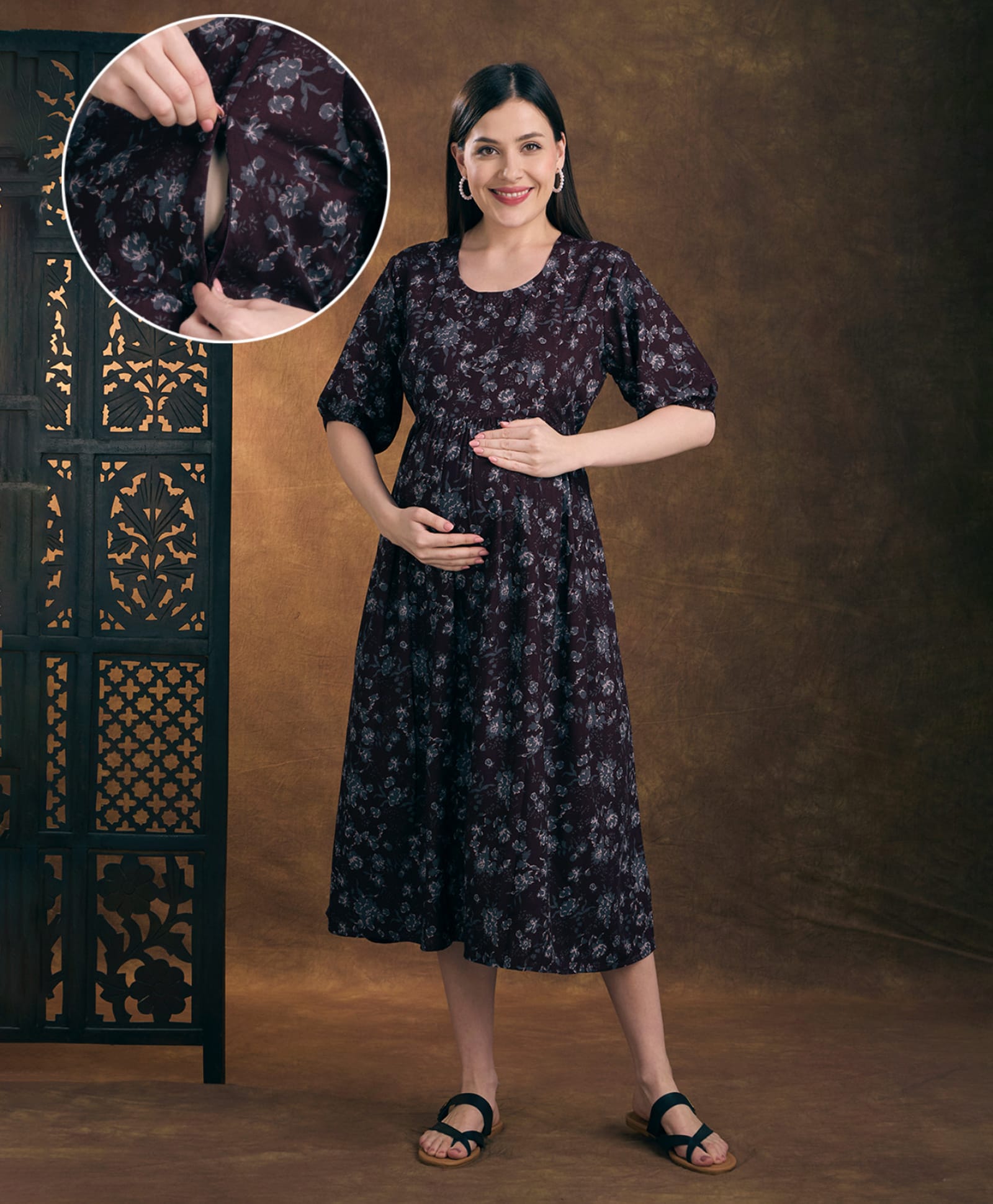 NIGHTSPREE Viscose Rayon Woven Half Sleeves Abstract Printed Maternity Dress With Side Zipper Nursing Access - Maroon-picture-48
