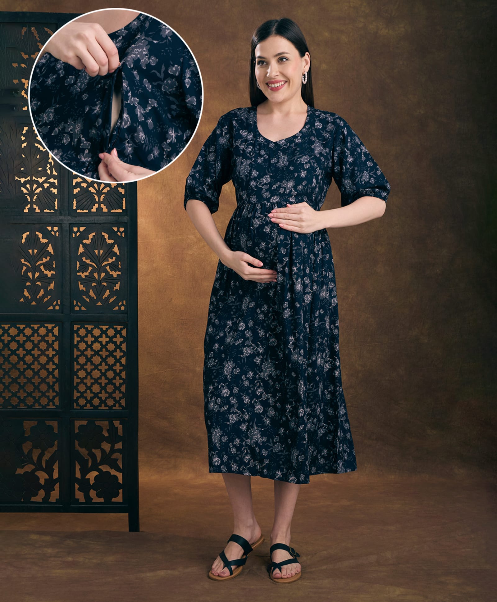 NIGHTSPREE Viscose Rayon Woven Half Sleeves Abstract Printed Maternity Dress With Side Zipper Nursing Access - Navy Blue-picture-25