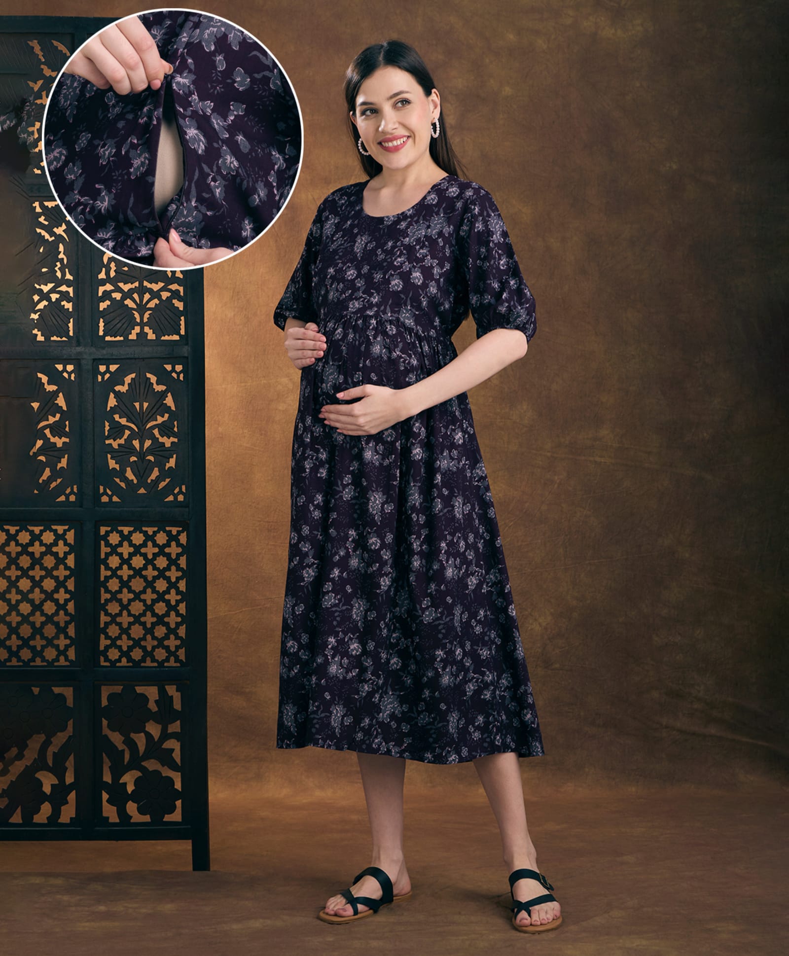 NIGHTSPREE Viscose Rayon Woven Half Sleeves Abstract Printed Maternity Dress With Side Zipper Nursing Access - Purple-picture-18