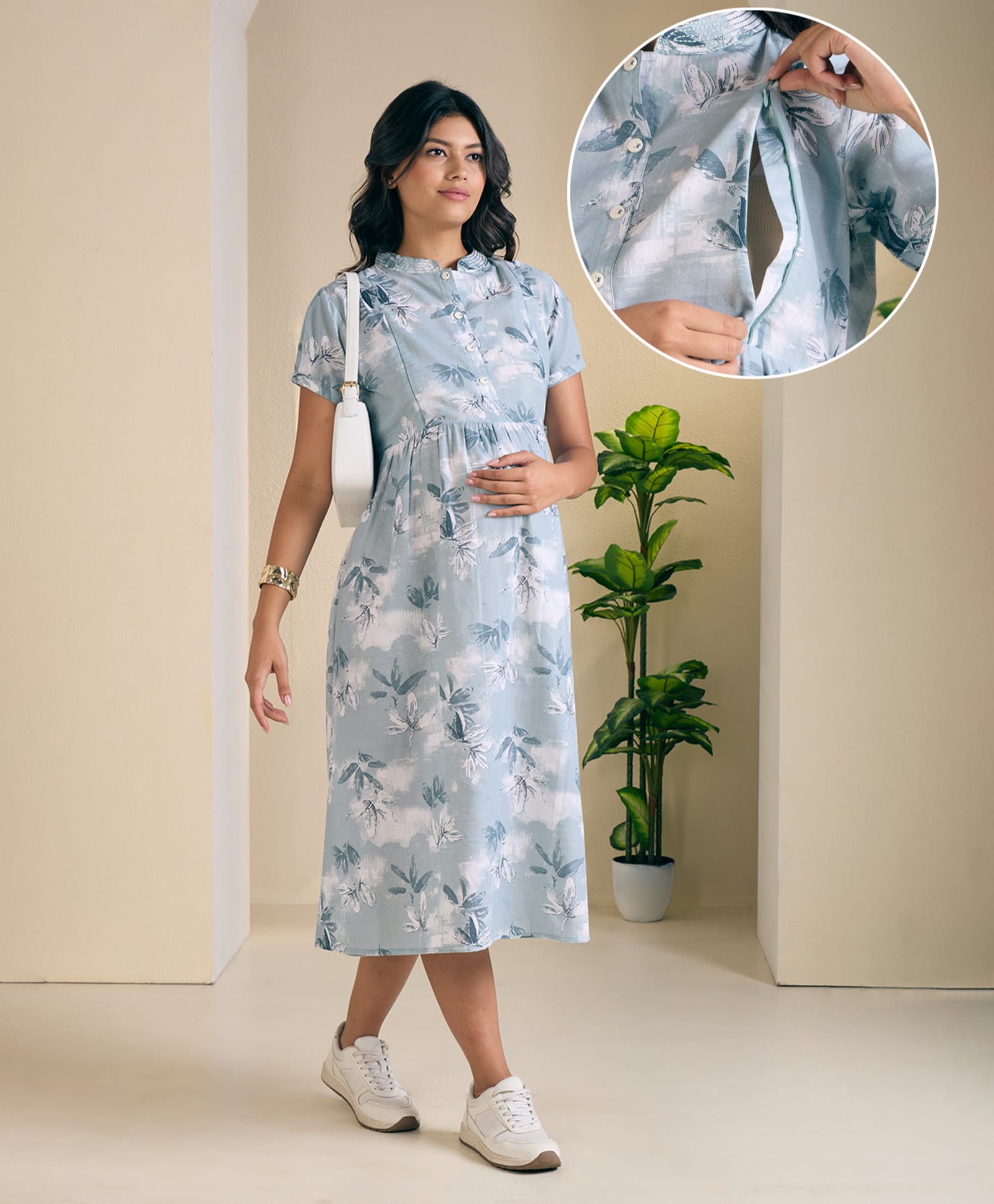 NIGHTSPREE Linen Woven Half Sleeves Floral Printed Maternity Dress With Side Zipper Nursing Access - Blue-picture-12
