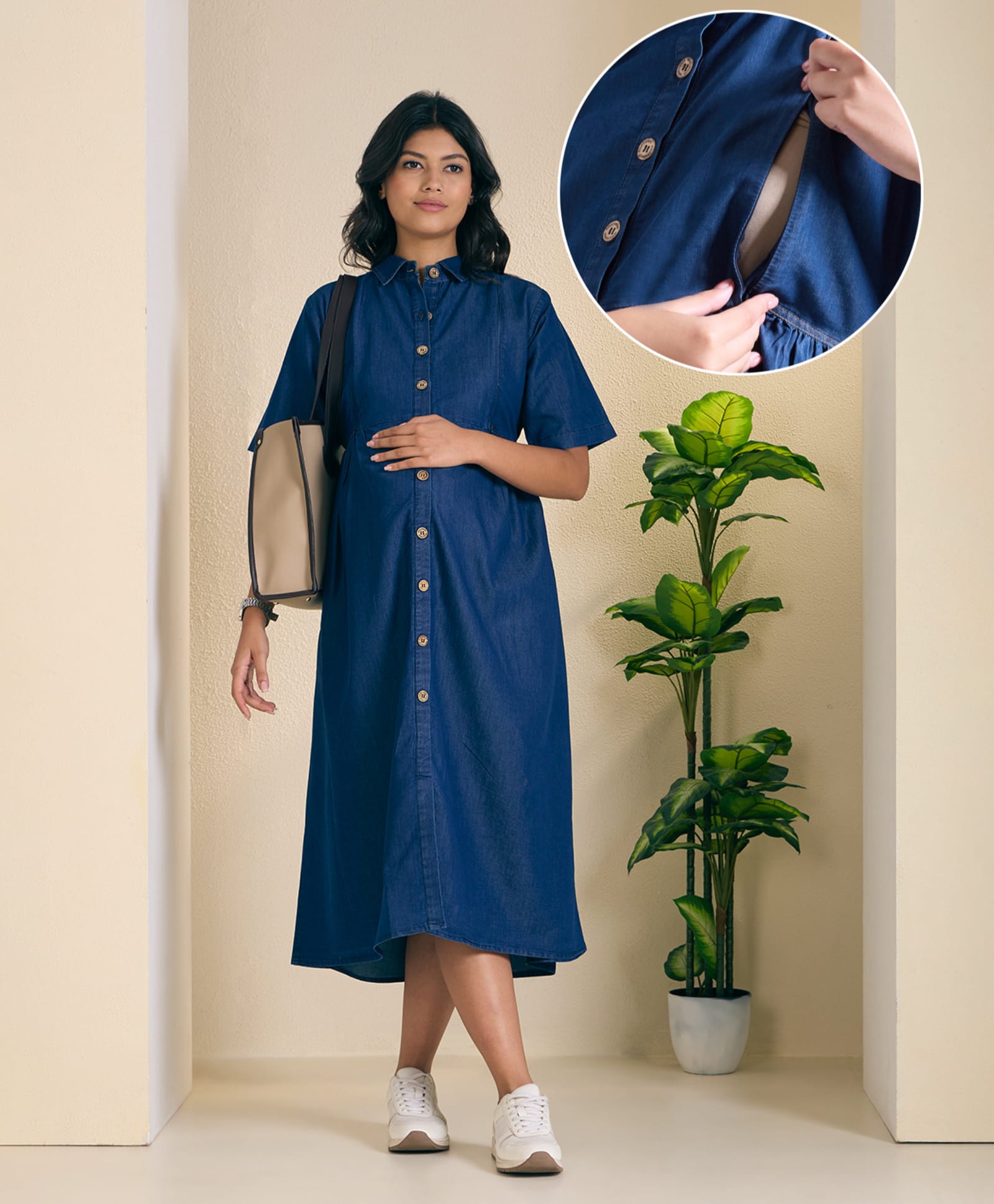 NIGHTSPREE Cotton Denim Woven Half Sleeves Solid Maternity Dress With Side Zipper Nursing Access - Navy Blue-picture-27