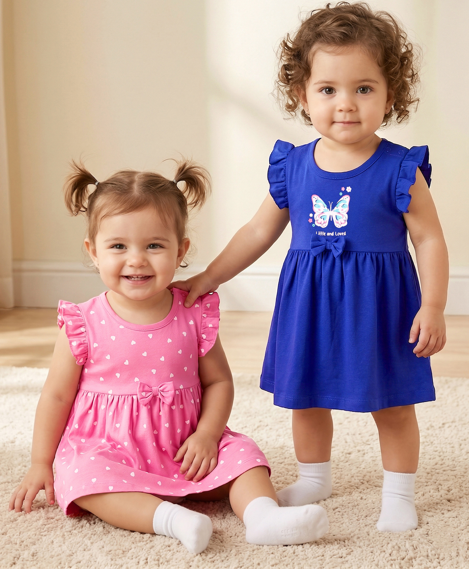 Doodle Poodle Single Jersey Knit Sleeveless Frocks With Heart & Butterfly Print Pack of 2 - Pink & Navy Blue-picture-11