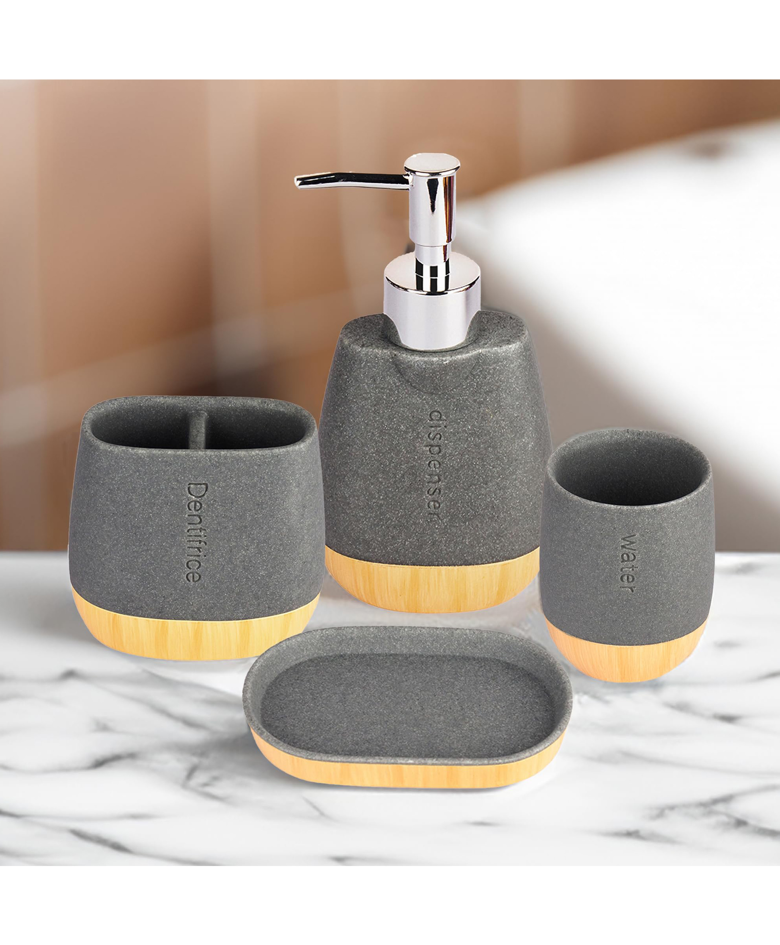 The Better Home Polyresin 5Pcs Bathroom Accessories Set - Soap Dispenser for Bathroom (250ml), Tumbler, Toothbrush Holder, Soap Holder | Bathroom Organiser | Handwash Dispenser | Soap Case | Grey-image-3