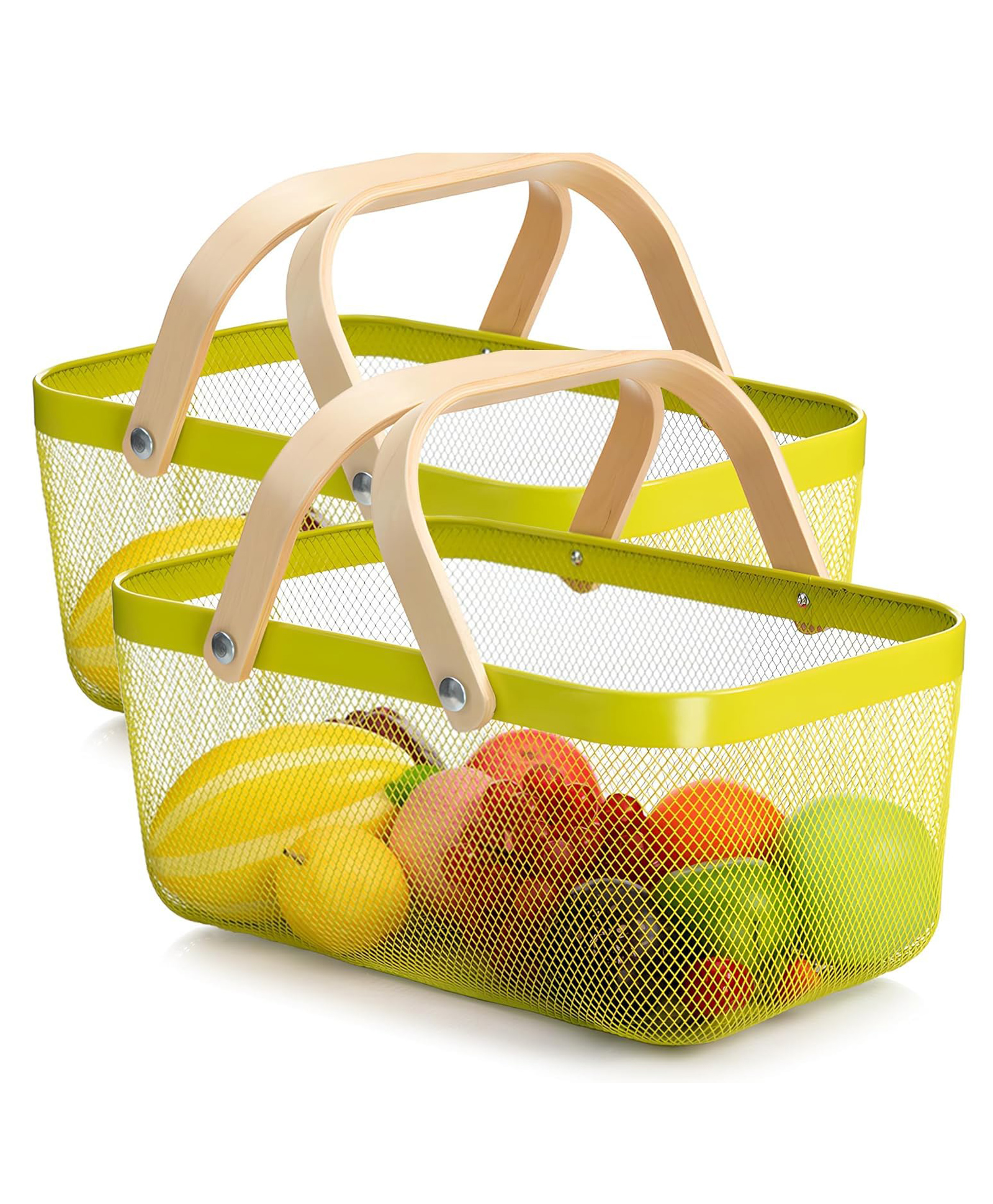 The Better Home Metal Mesh Basket For Storage With Wooden Handle | 2 pcs (720 Gm) | Fruit & Vegetable Organizer | Picnic Basket | Toys, Groceries Storage | Multipurpose & Portable - Green-picture-49