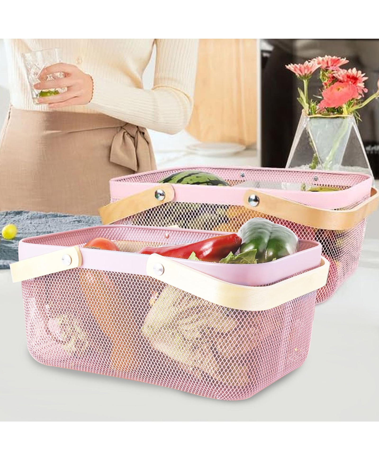 The Better Home Rectangular Metal Mesh basket for storage with wooden handle | 720 Gm | Fruit basket & Vegetable basket for kitchen | Kitchen Organizer Home | Pack of 2 | Pink | Multipurpose-image-21