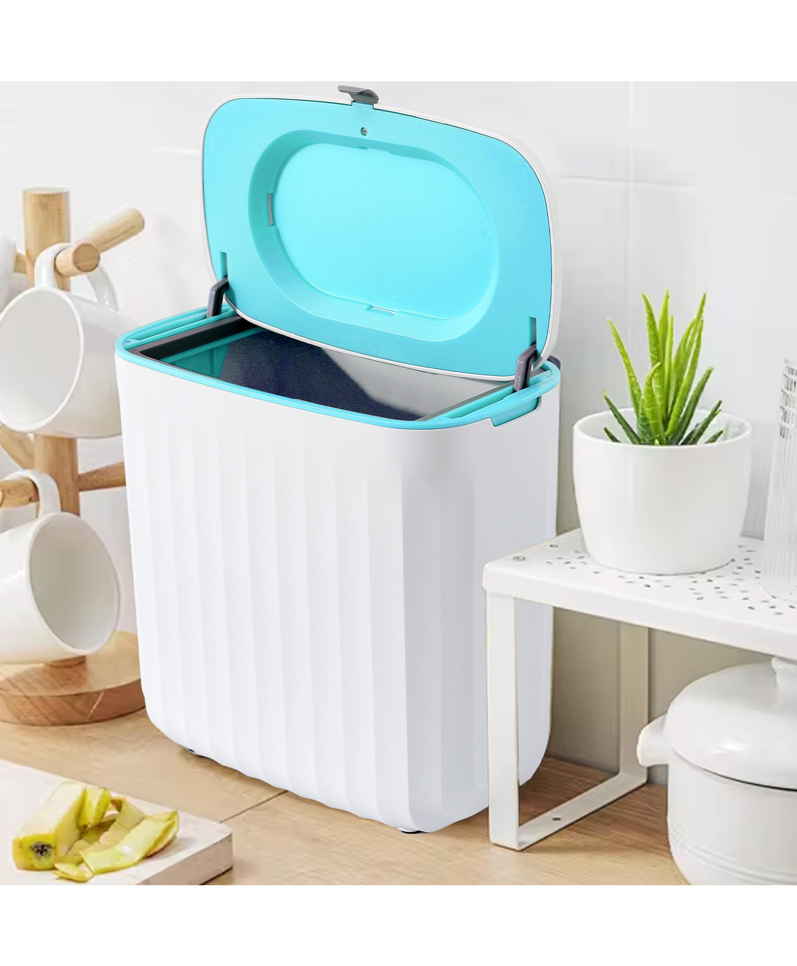 The Better Home 8L Hanging Dustbin With Lid | Plastic Dustbin For Kitchen, Bathroom & Office | Light Blue & White-image-21