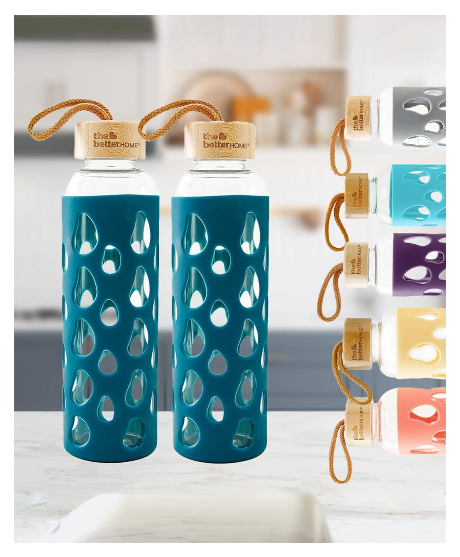 The Better Home Borosilicate Glass Water Bottle with Sleeve (550ml) | Non Slip Silicon Sleeve & Bamboo Lid | Water Bottles for Fridge (Pack of 2)-picture-42