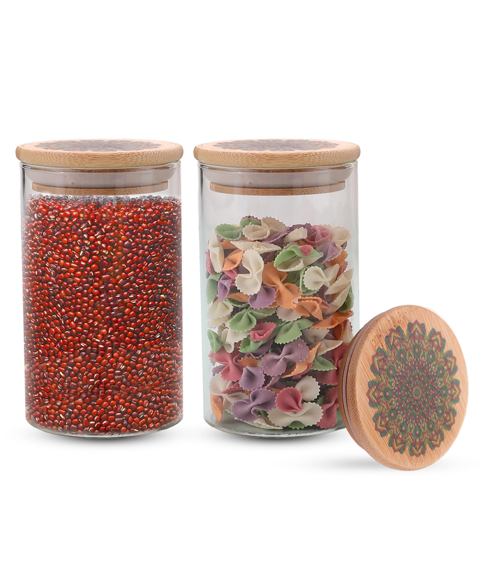 The Better Home Pack of 2 Borosilicate glass Jars containers with Printed Bamboo Lids | 600ml Each Kitchen Containers Set I Airtight Glass Jar for Cookies, Snacks, Spices, Sugar, Dry Fruits-picture-31