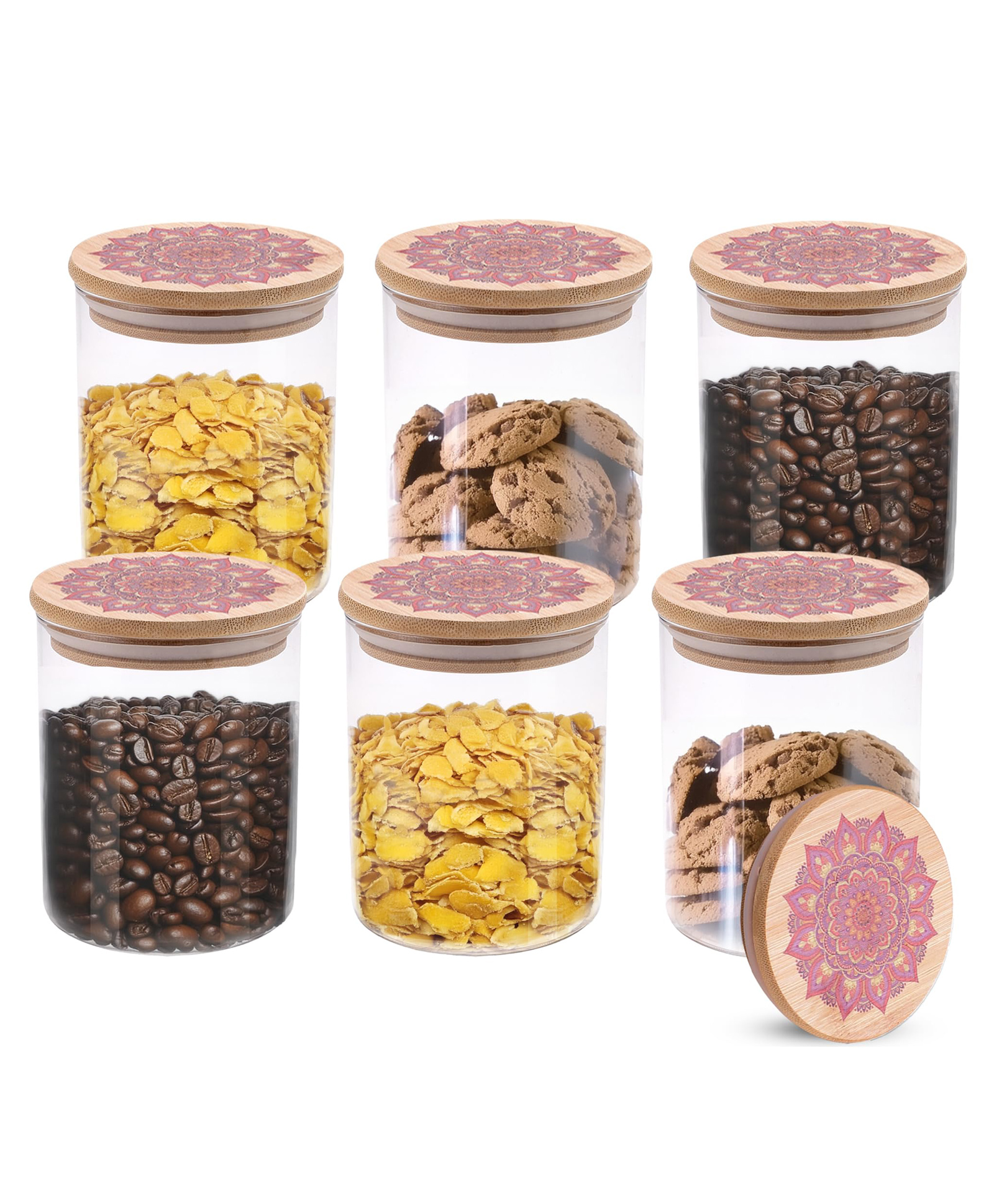 The Better Home Borosilicate Glass Jars with printed Bamboo Lid (6Pcs - 300 ml Each)| Airtight Jar For Kitchen Storage Box | Glass Jars For Cookies, Snack, Spices, Tea (Pink-Pack of 6)-image-35