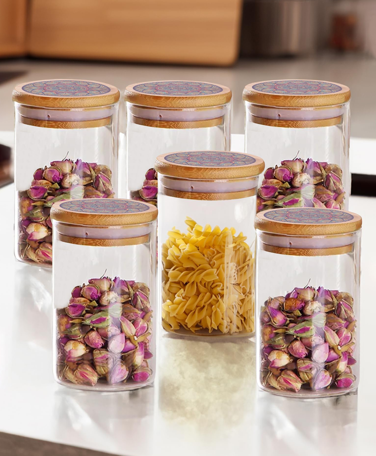 The Better Home Pack of 6 Borosilicate Glass Jars with Printed Bamboo Lids (1000ml Each) Purple | glass jar for kitchen storage| jars containers | jar set for Kitchen-picture-46