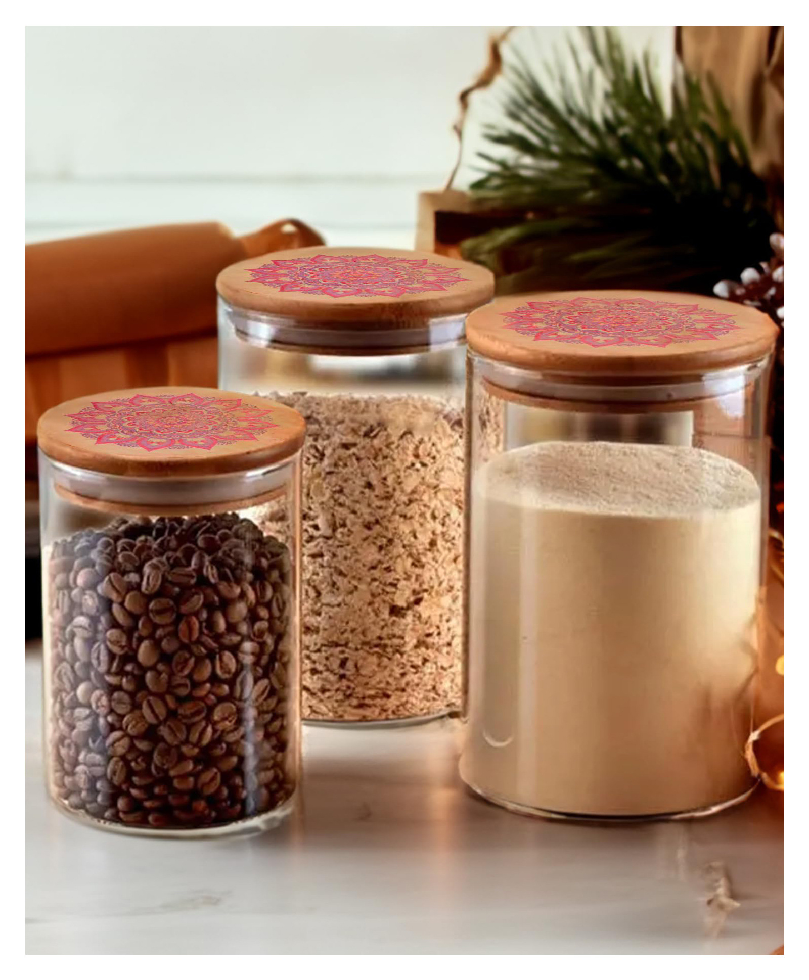 The Better Home Pack of 3 Borosilicate Glass Jars for kitchen storage with Printed Bamboo Lids I Airtight Glass Kitchen Containers Set | 300+600+1000ml | Multiutility Jars for Sugar, Snacks, Spices-image-38