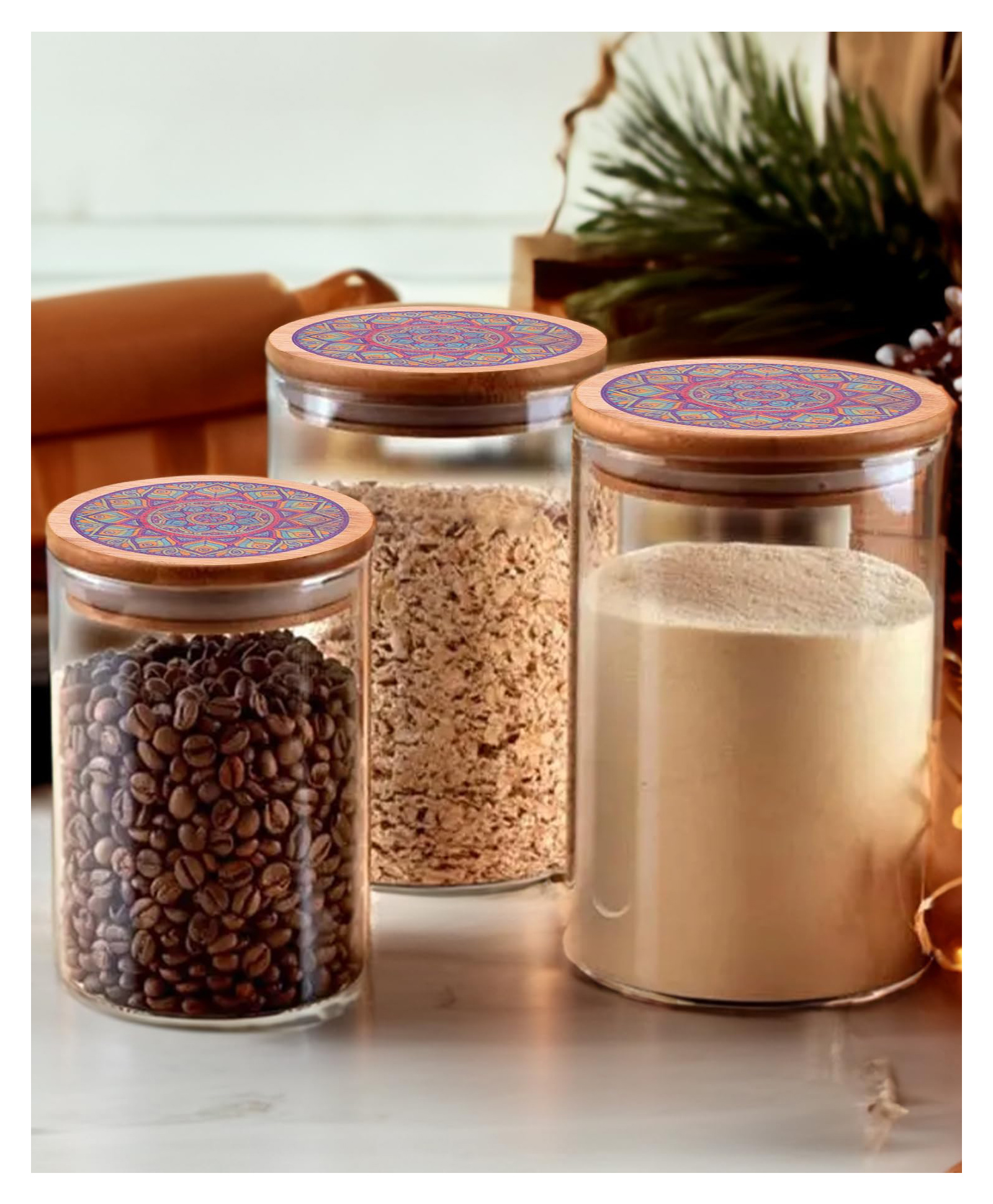 The Better Home Pack of 3 Borosilicate Glass Jars with Printed Bamboo Lids I Airtight Glass Kitchen Containers Set | 300+600+1000ml | Multiutility Jars for Sugar, Coffee, Cookies, Snacks, Spices-picture-23