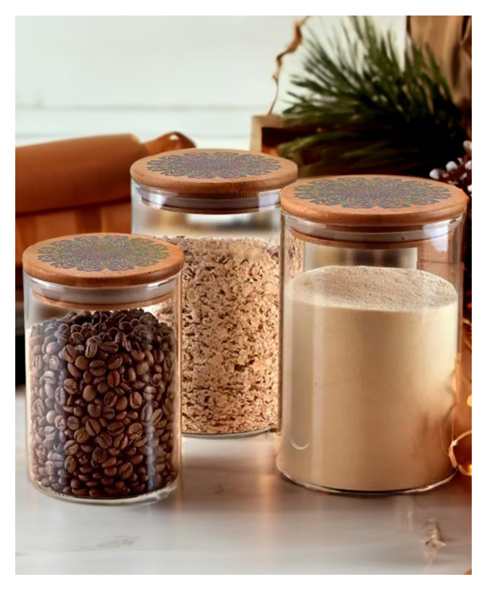 The Better Home Pack of 3 Kitchen Containers Set Glass Jars with Printed Bamboo Lids I Airtight Storage for Cookies, Snacks, Spices, Tea, Coffee, Dry Fruits I 300ml, 600ml, 1000ml | Multiutility Jars-picture-12