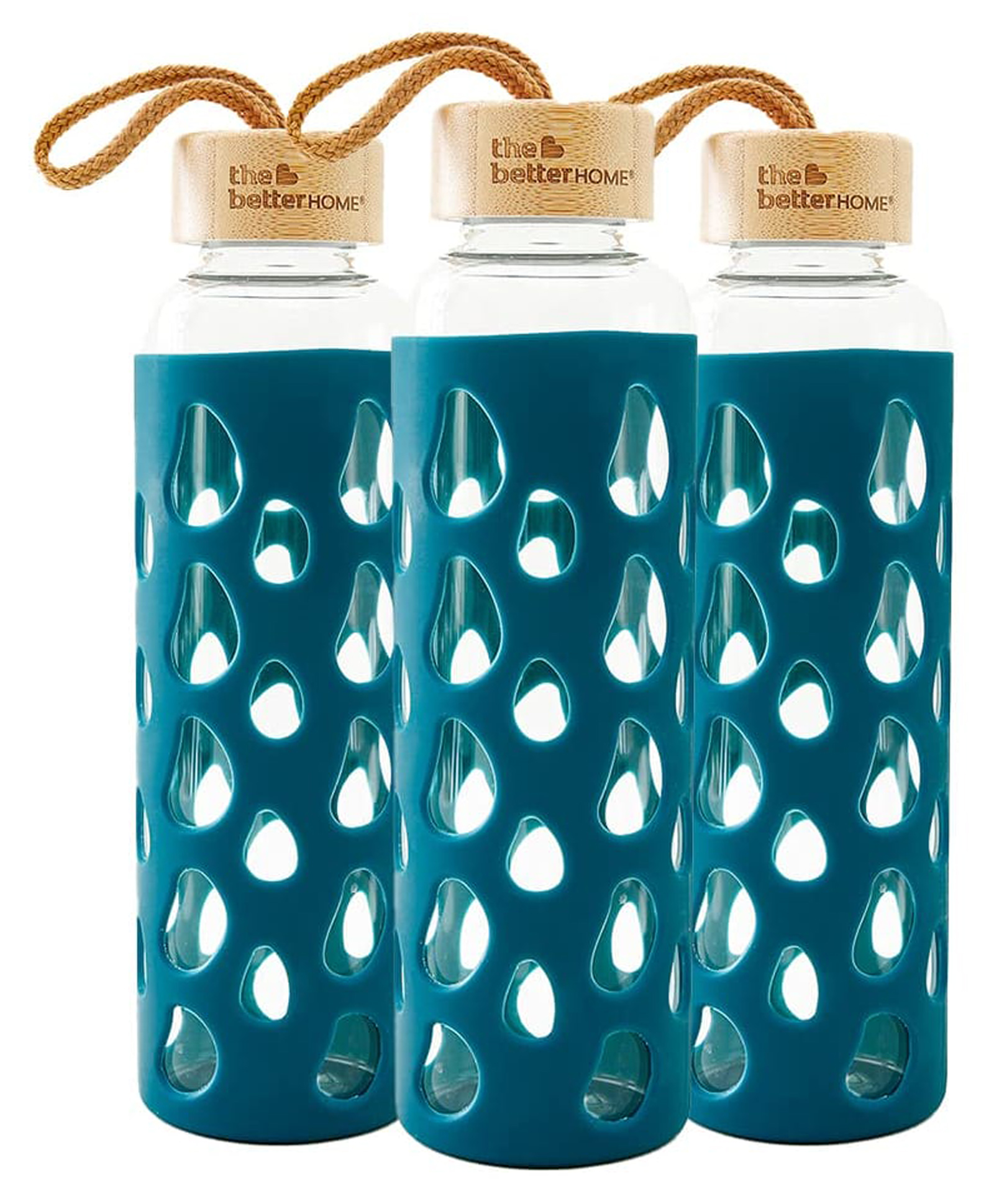 The Better Home Borosilicate Glass Water Bottle with Sleeve (550ml) | Non Slip Silicon Sleeve & Bamboo Lid | Water Bottles for Fridge (Pack of 3)-picture-12