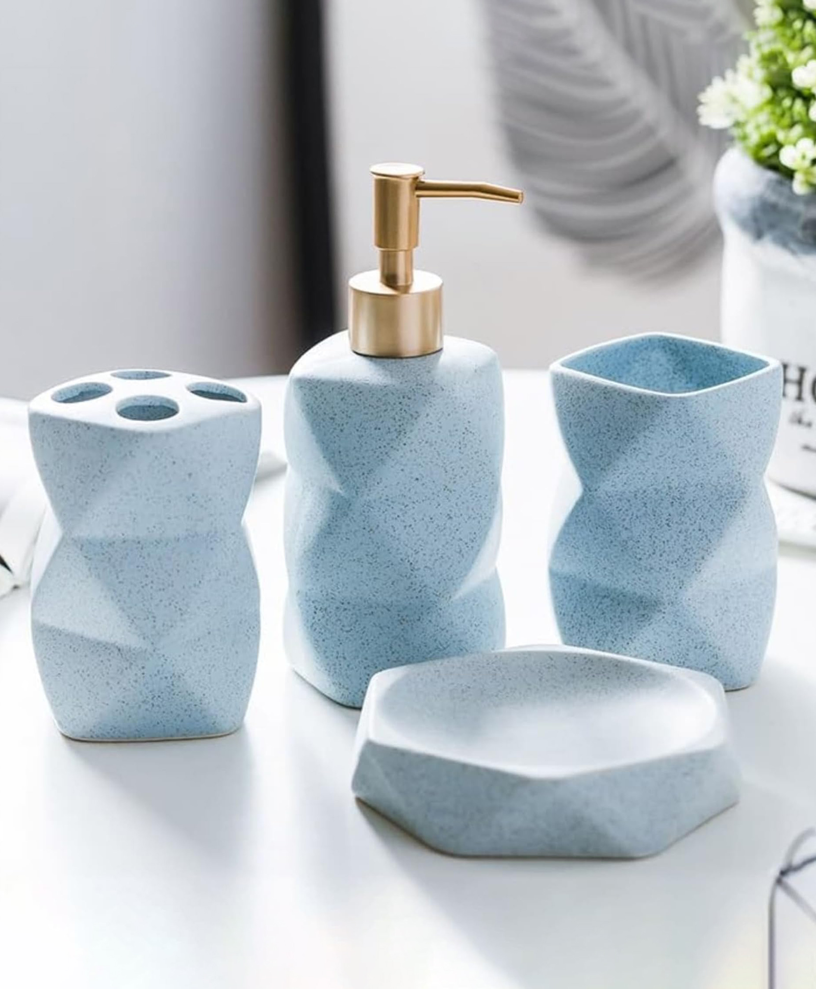 The Better Home 4pcs Ceramic Bathroom Set | Soap Dispenser (380ML), 2 Toothbrush Holders & Soap Holder For Bathroom | Bathroom Accessories Items | Liquid Soap Dispenser For Bathroom | Soap Case | Blue-image-18