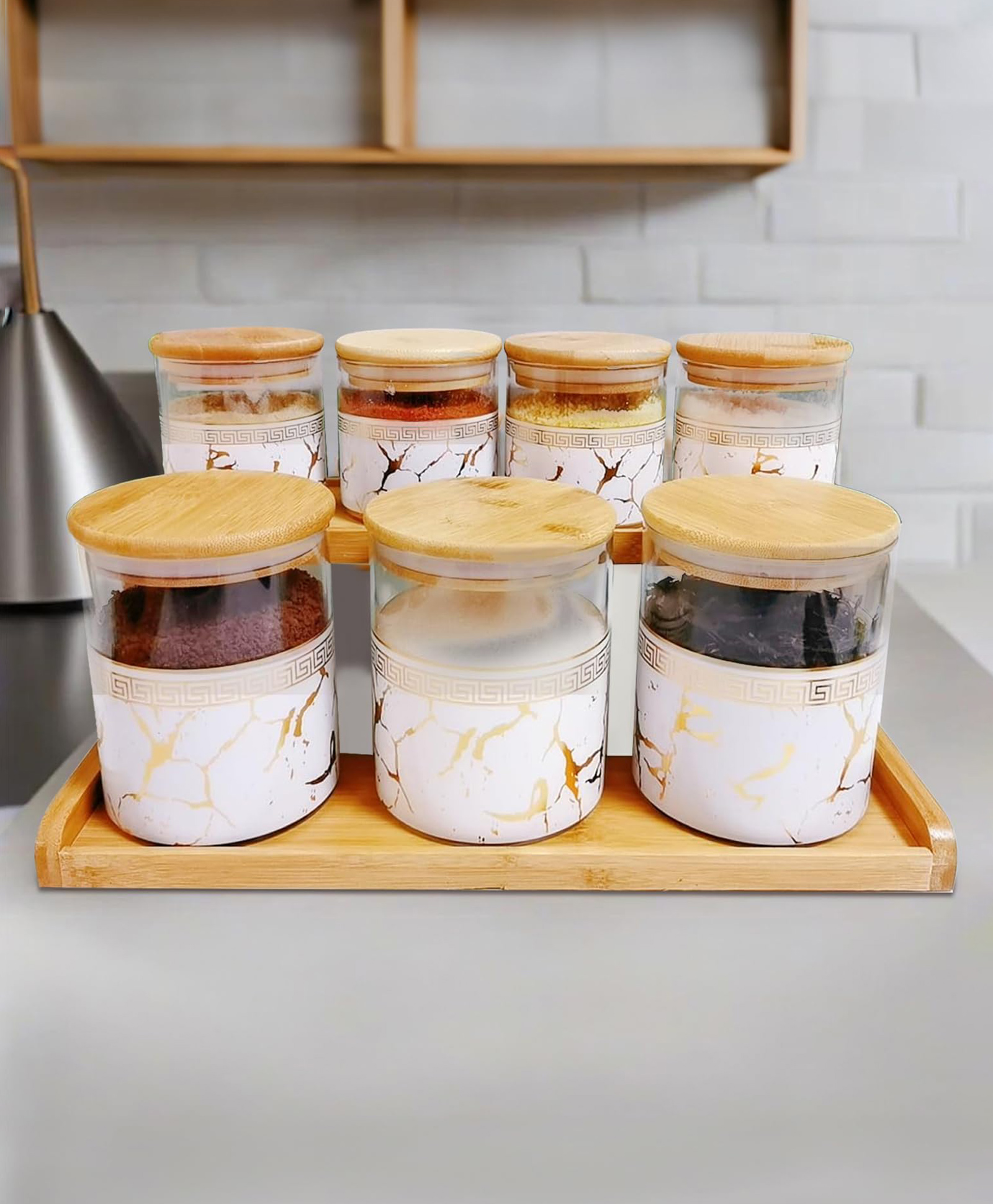 The Better Home Pack of 7 Borosilicate Jars with Bamboo Lid & Tray | 4 Pcs 350 ml & 3 Pcs 850 ml | Glass Jars for kitchen storage Cookies, Spices, Snacks| BPA Free | White | jar set for kitchen-picture-11